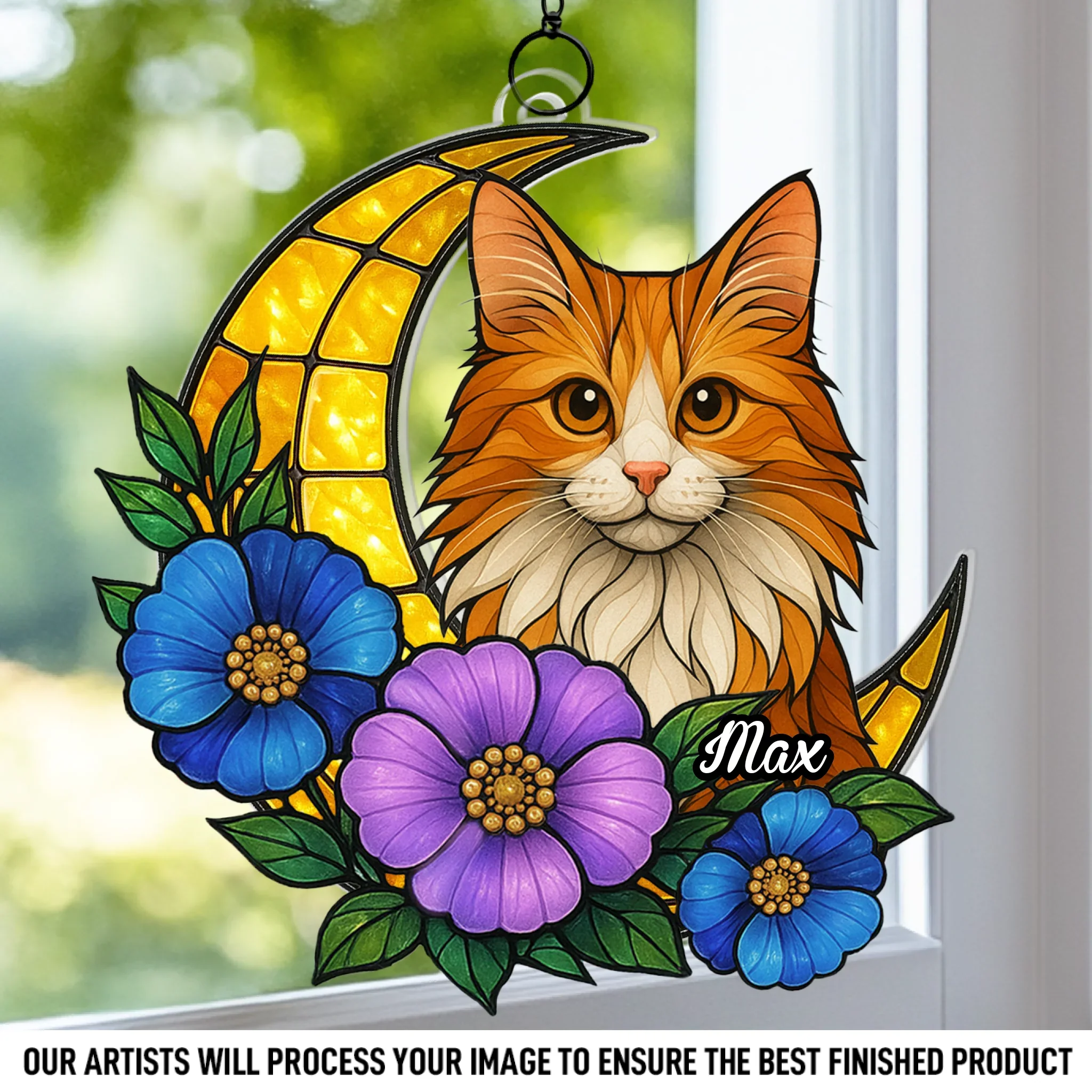 Custom Photo Window Hanging Suncatcher Ornament - Personalized Pet Memorial Sympathy Gifts For Dogs, Cats - Feline Dreams, Flower Beams - Robaser