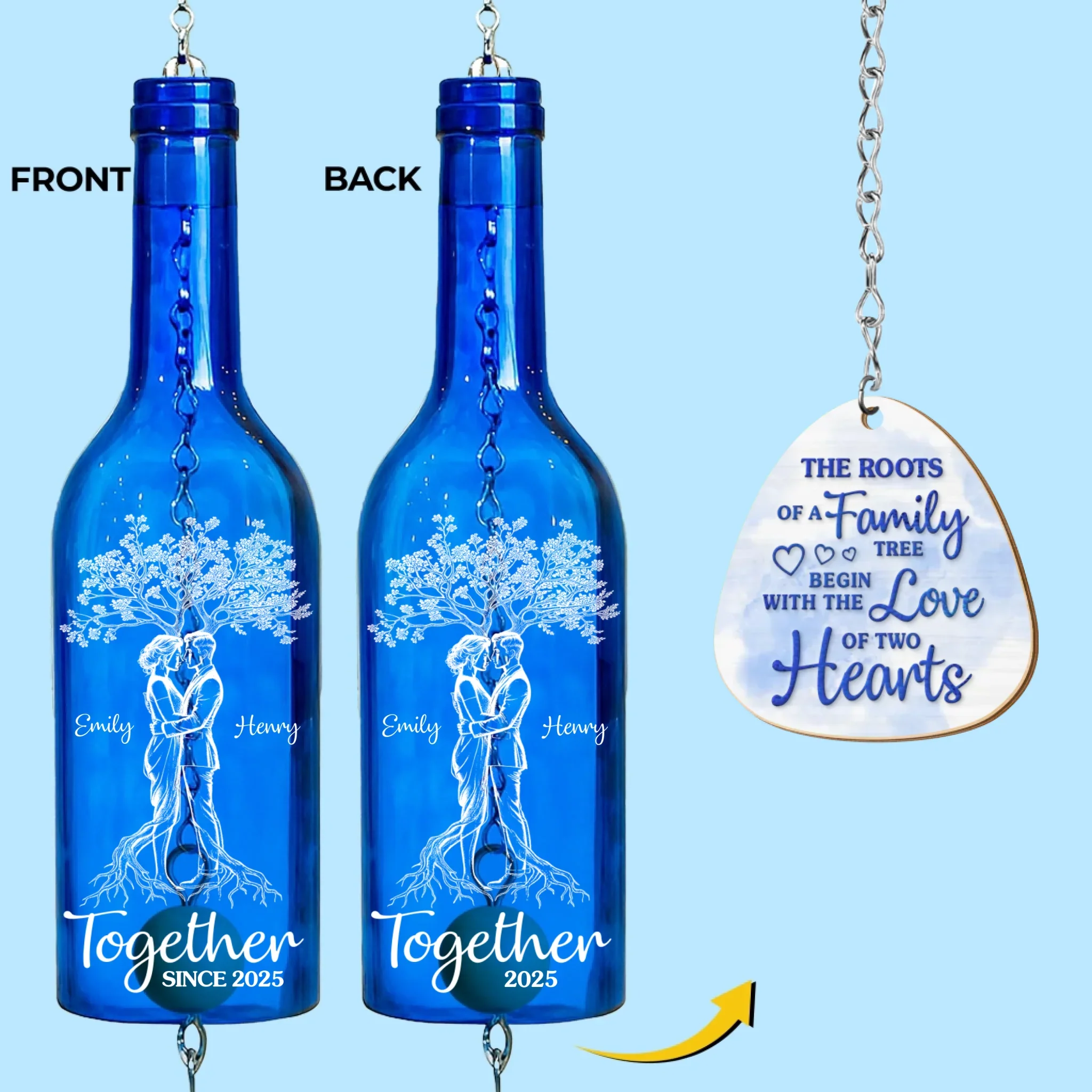 Custom Wine Bottle Wind Chime - Personalized Anniversary Wedding Gifts For Husband And Wife, Him And Her - Two Hearts, One Family Tree - Robaser