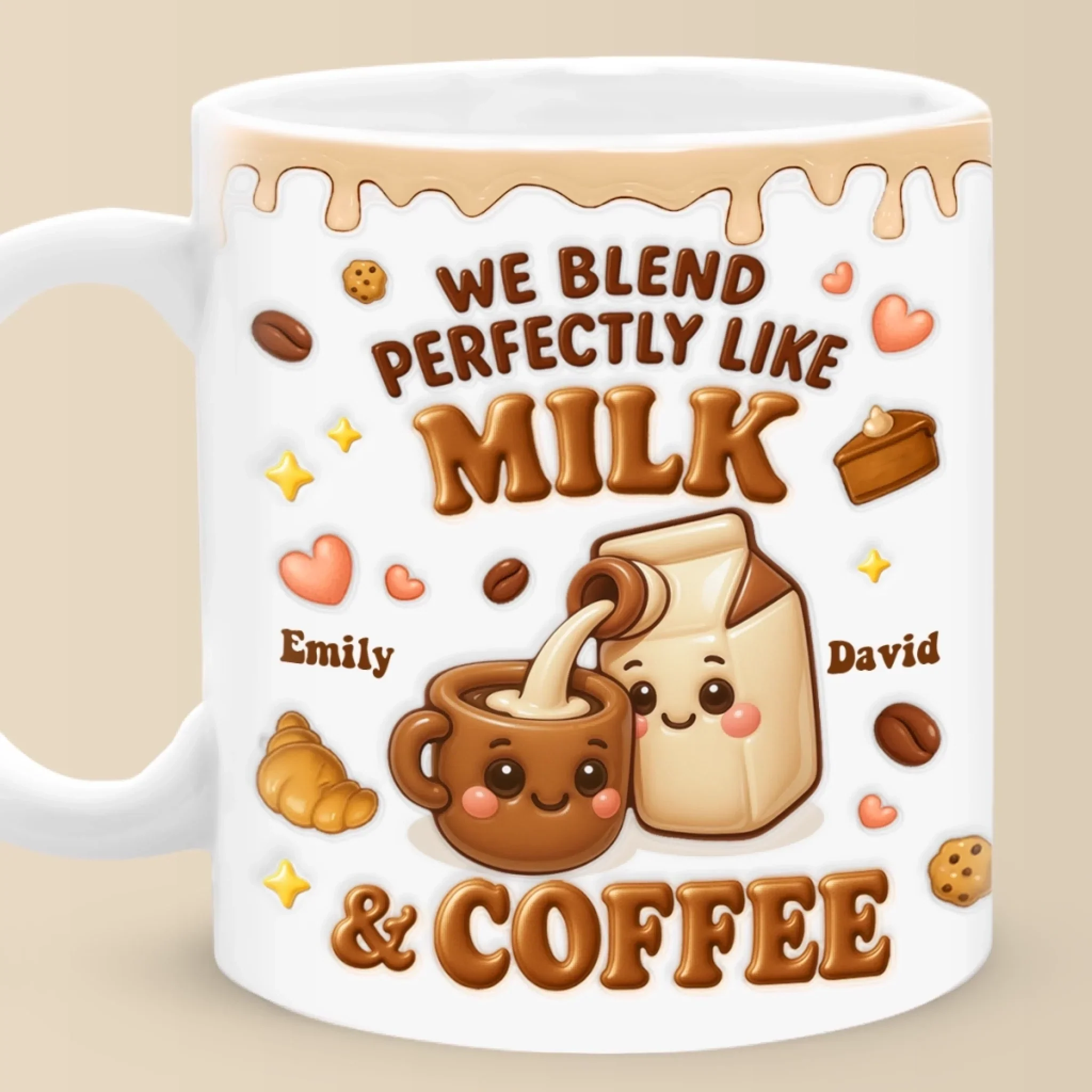 Custom 3D Inflated Effect Printed Mug - Personalized Anniversary Wedding Gifts For Husband And Wife, Him And Her - We Blend Perfectly Like Milk & Coffee - Robaser