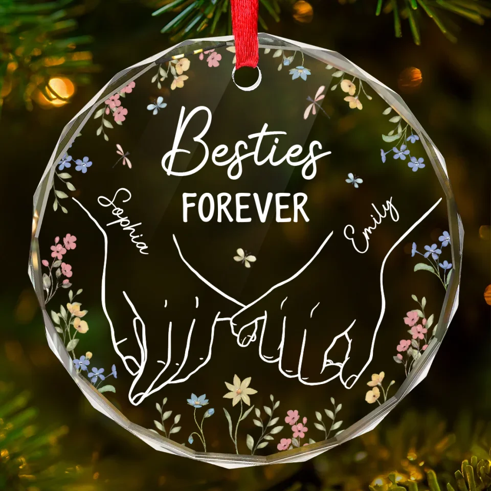 Hand In Hand And Heart To Heart - Bestie Personalized Custom Circle Glass Ornament - Christmas Gift For Best Friends, BFF, Sisters - Robaser