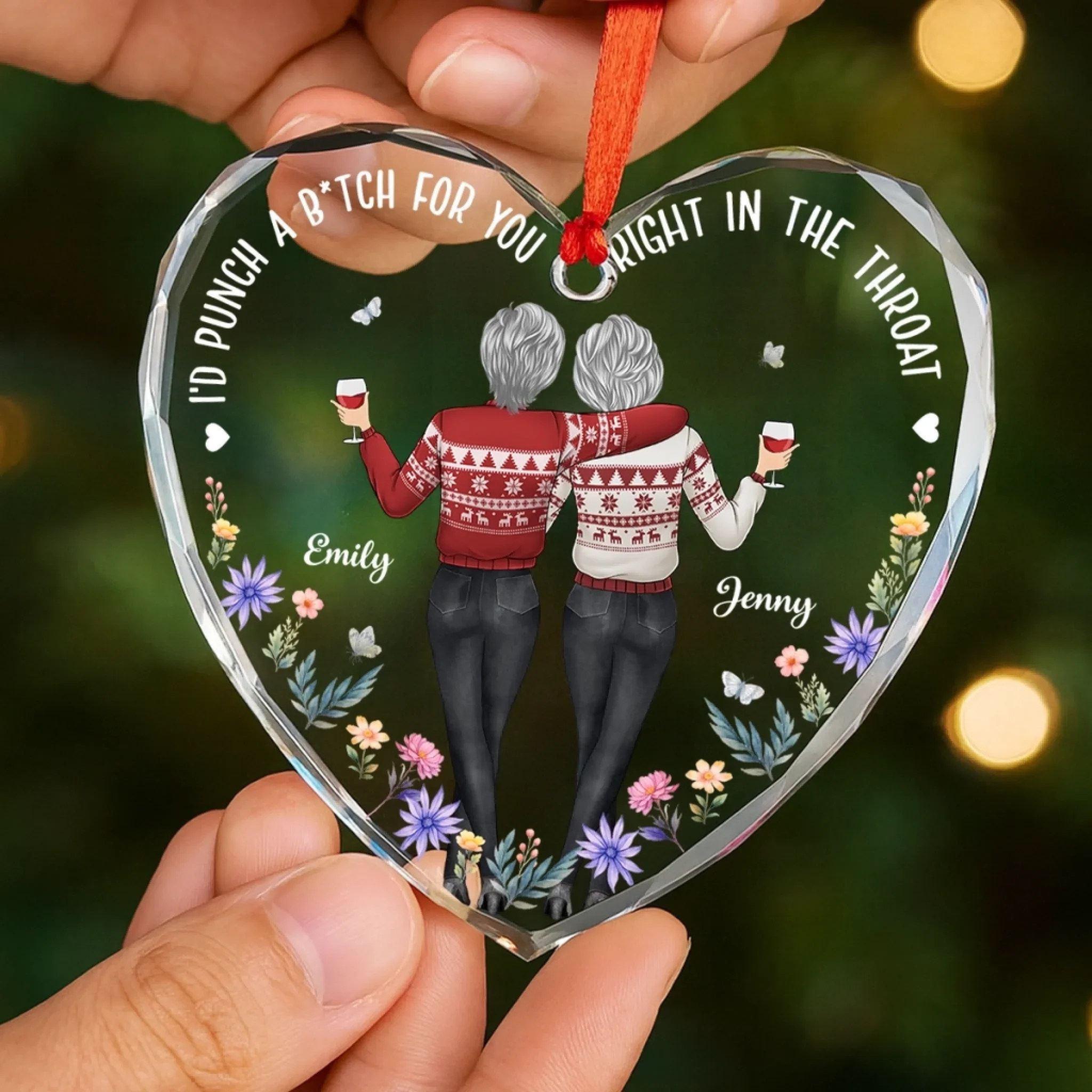 Custom Heart Glass Ornament - Personalized Christmas Best Friend Birthday Gifts For Women, Besties, Sisters, BFF - Sisters By Choice - Robaser