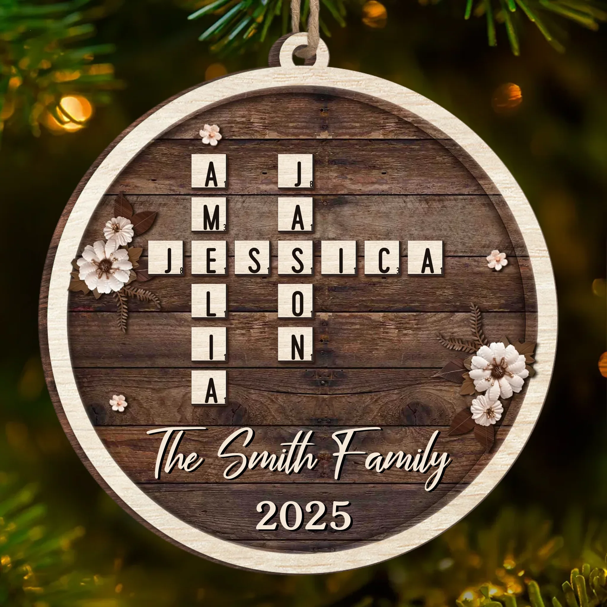 Custom Scrabble Wood Ornament - Personalized Christmas Birthday Gifts For Mom, Dad, Brother, Sister, Kids - Joy Gathers Around Our Tree - Robaser