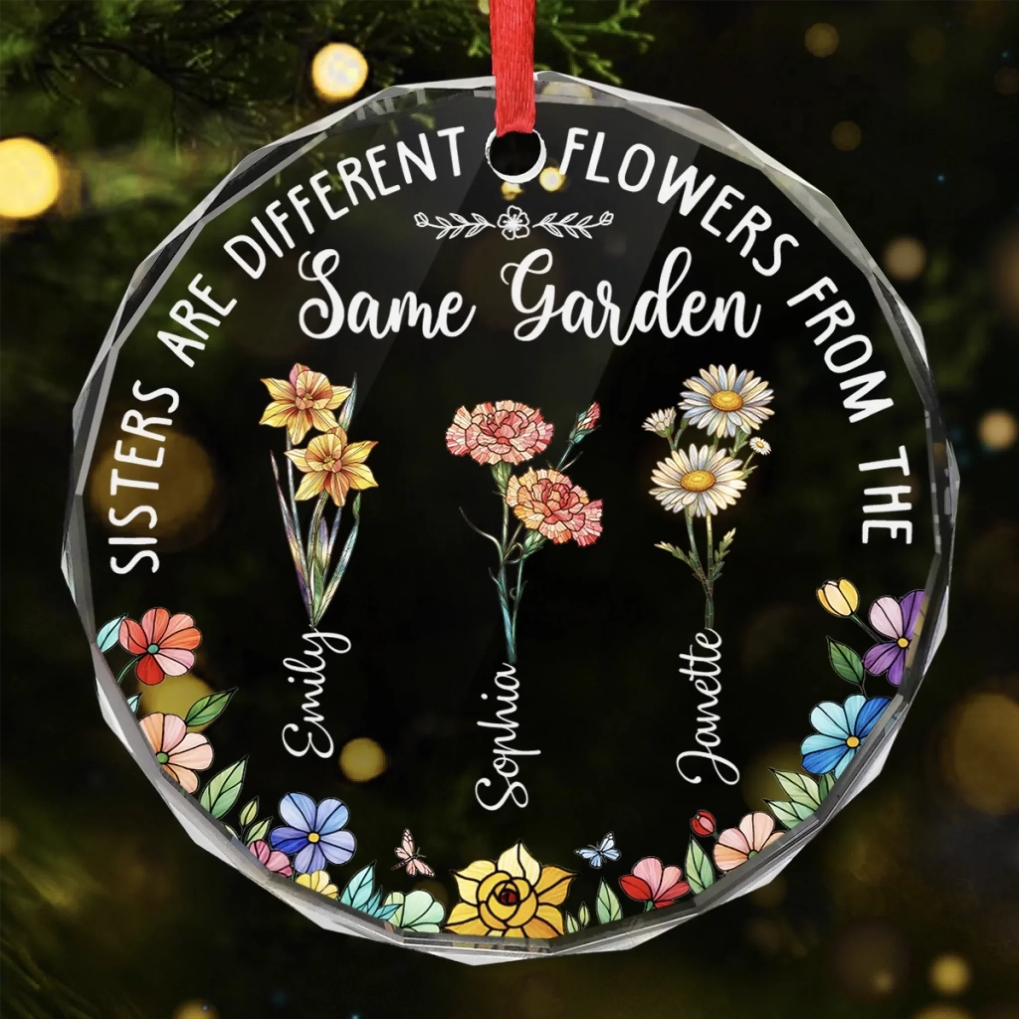 Custom Circle Glass Ornament - Personalized Christmas Best Friend Birthday Gifts For Women, Besties, Sisters, BFF - Unique Flowers One Garden Sisters - Robaser
