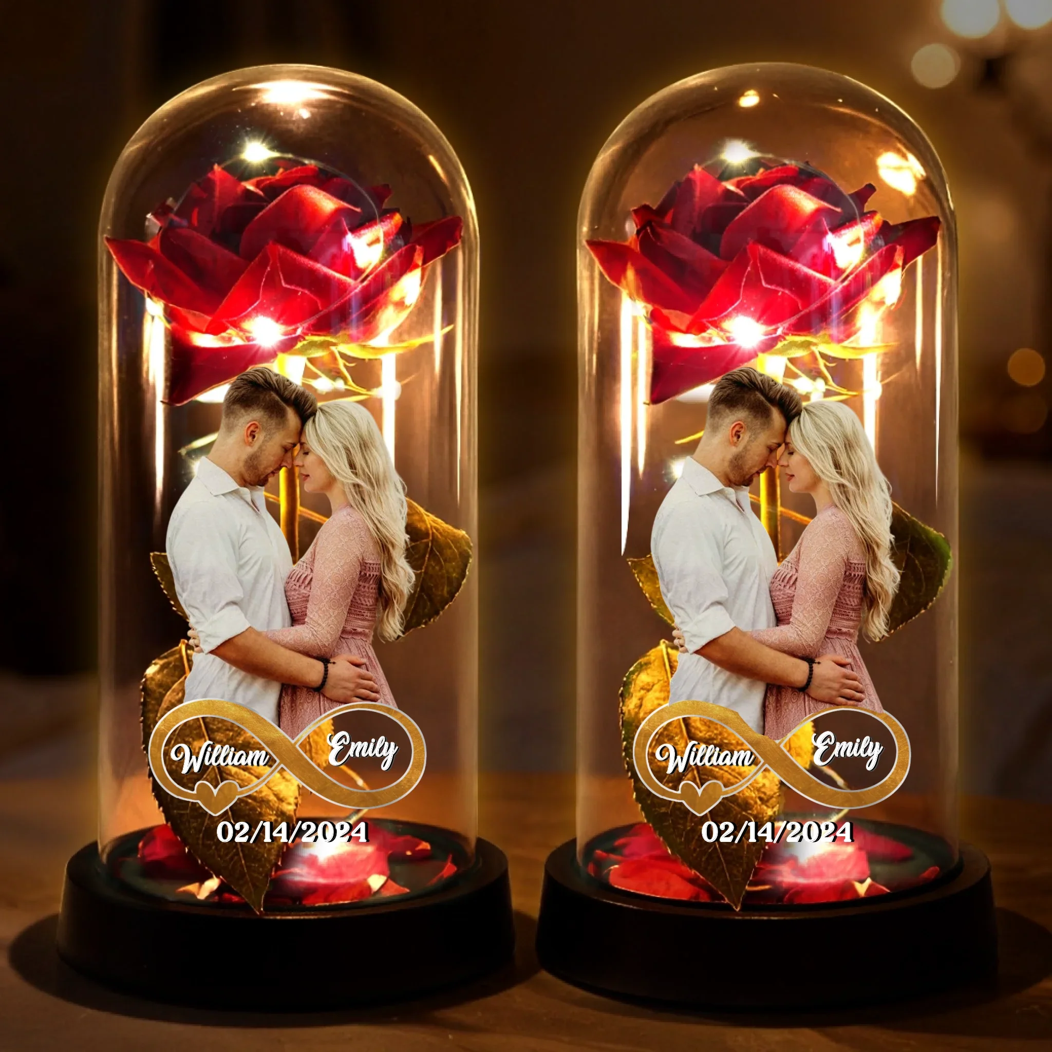 Custom Photo Light Up Eternal Rose In Glass Dome - Personalized Anniversary Wedding Gifts For Husband And Wife, Him And Her - Forever Yours, Forever Mine - Robaser