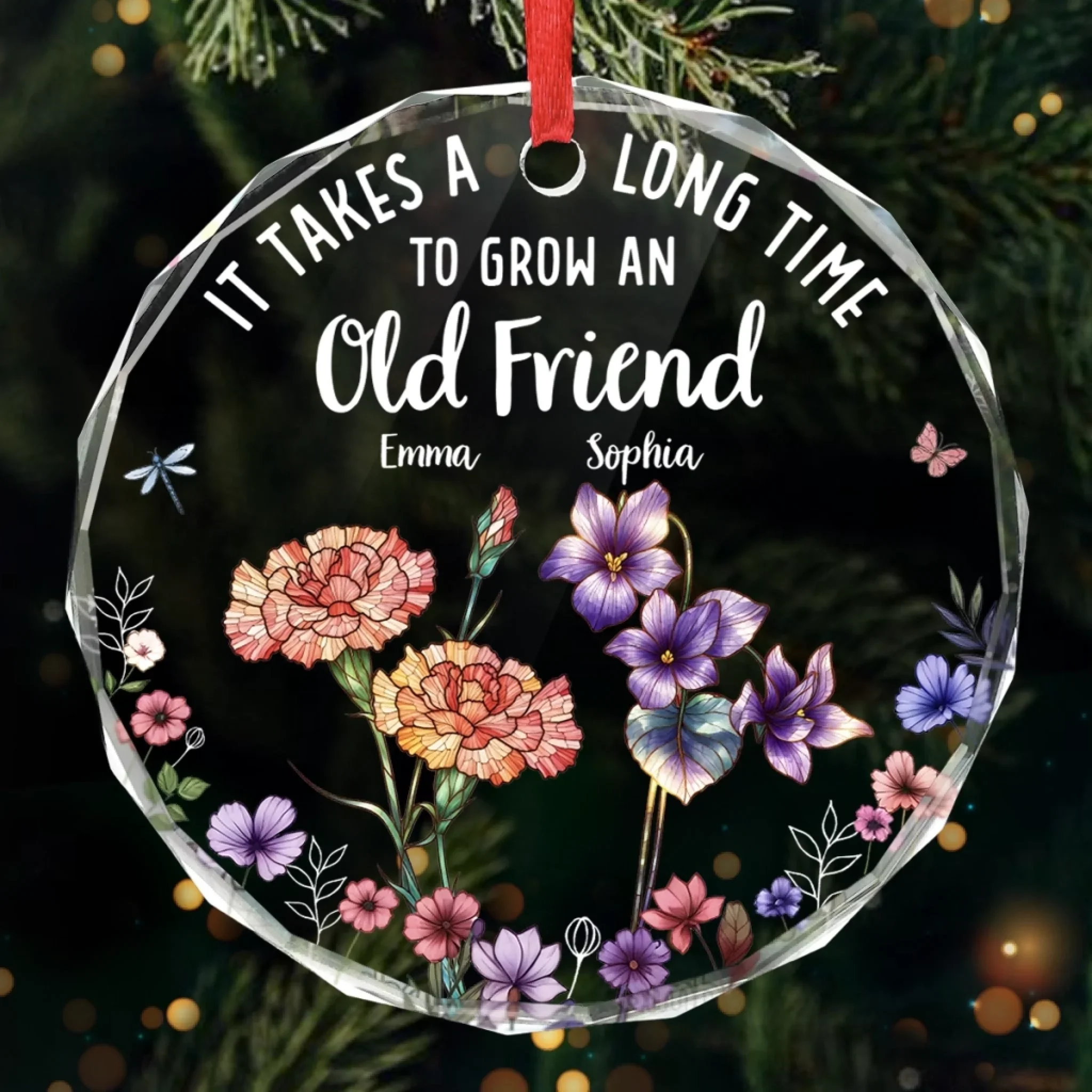 Custom Circle Glass Ornament - Personalized Christmas Best Friend Birthday Gifts For Women, Besties, Sisters, BFF - Friendship In Full Bloom - Robaser