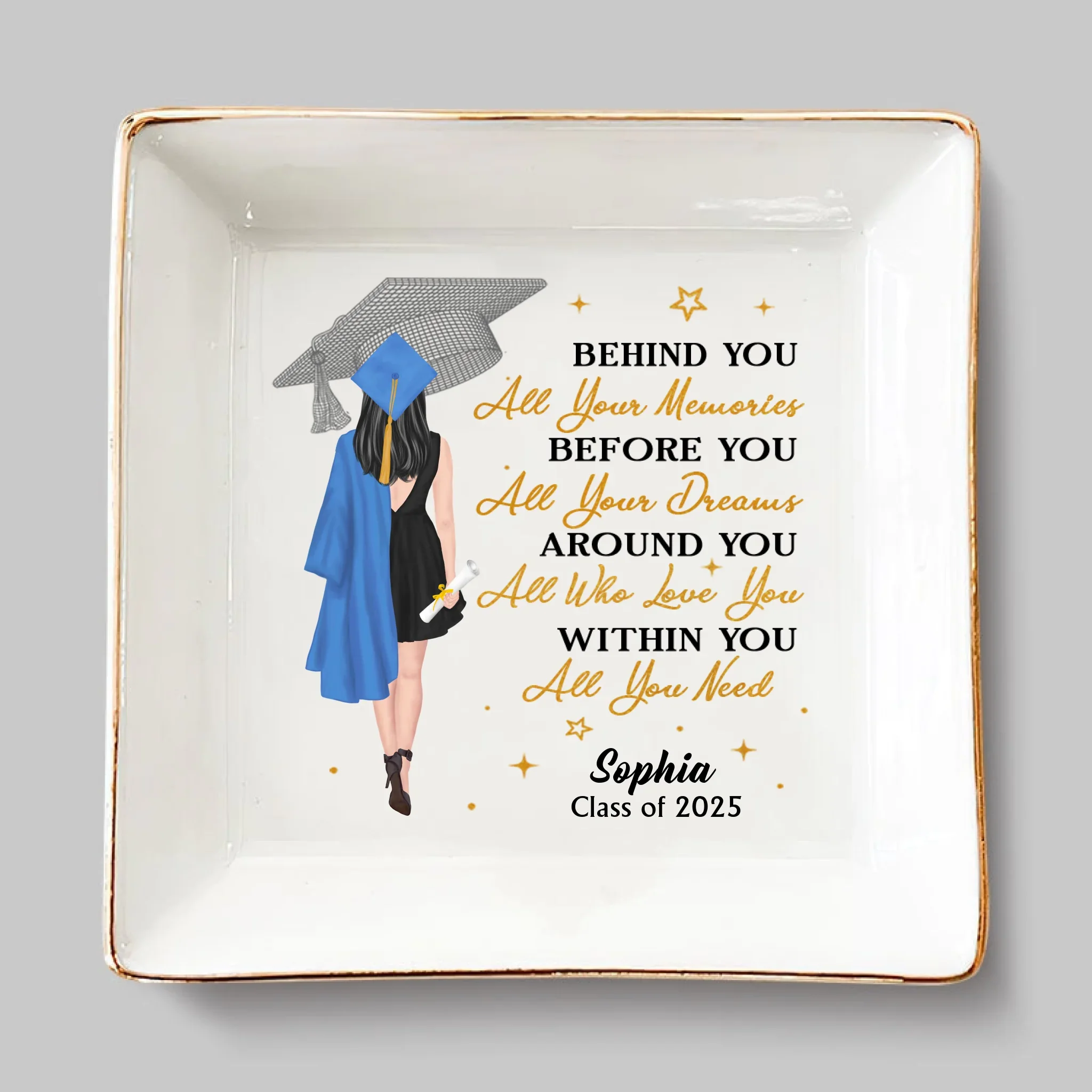Started With A Dream, Ended With A Cap - Family  Personalized Custom Jewelry Dish - Graduation Gift For Family Members, Siblings, Brothers, Sisters, Best Friends - Robaser