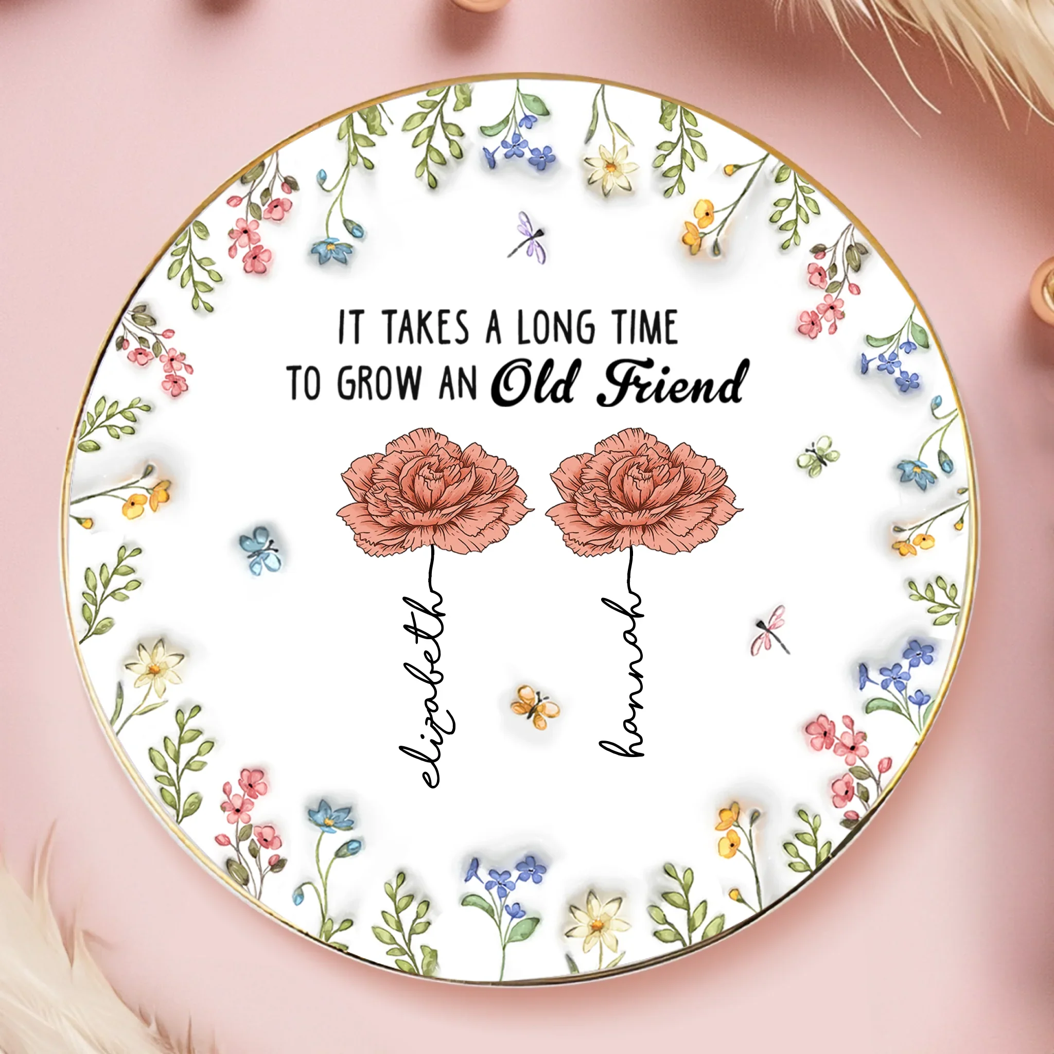 Custom 3D Inflated Effect Printed Full-Print Round Jewelry Dish - Personalized Best Friend Birthday Gifts For Women - Blooms Of A Lasting Bond - Robaser