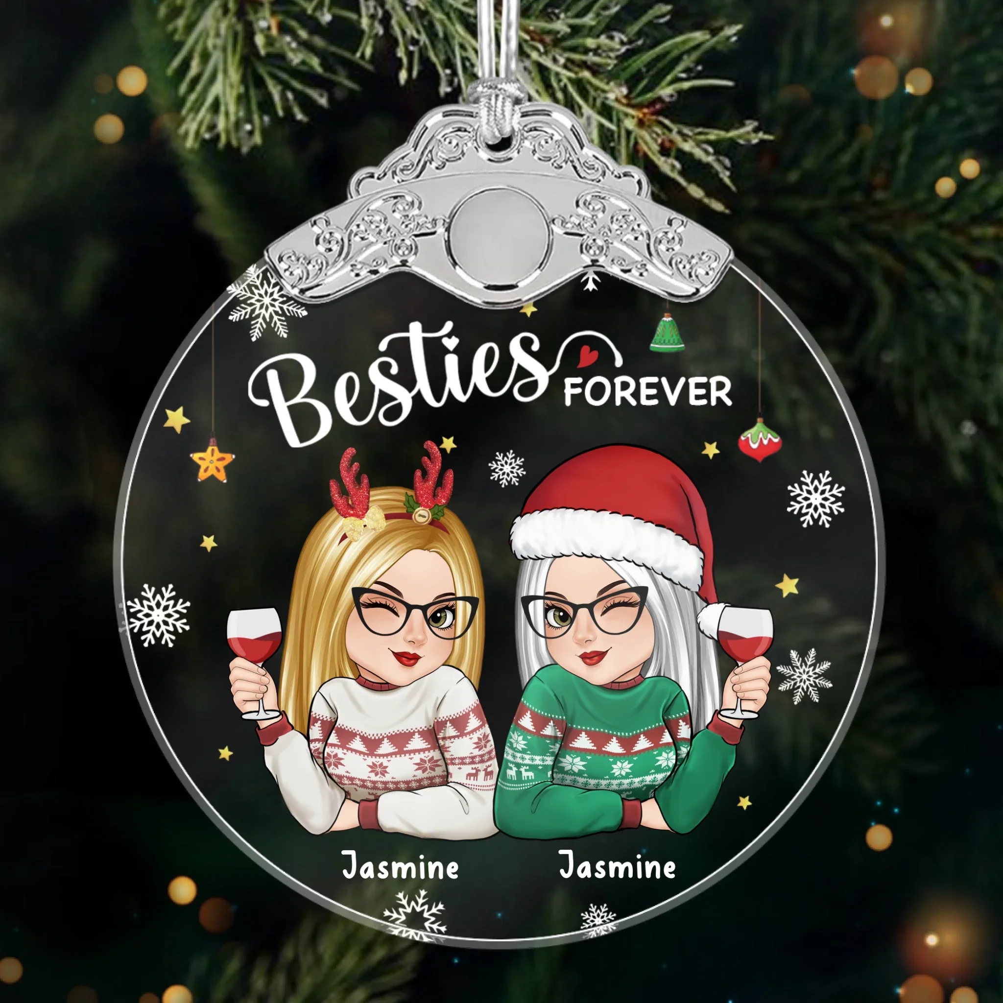 Custom Glass Ornament - Personalized Christmas Best Friend Birthday Gifts For Women, Besties, Sisters, BFF - Forever Linked, Heart To Heart - Robaser