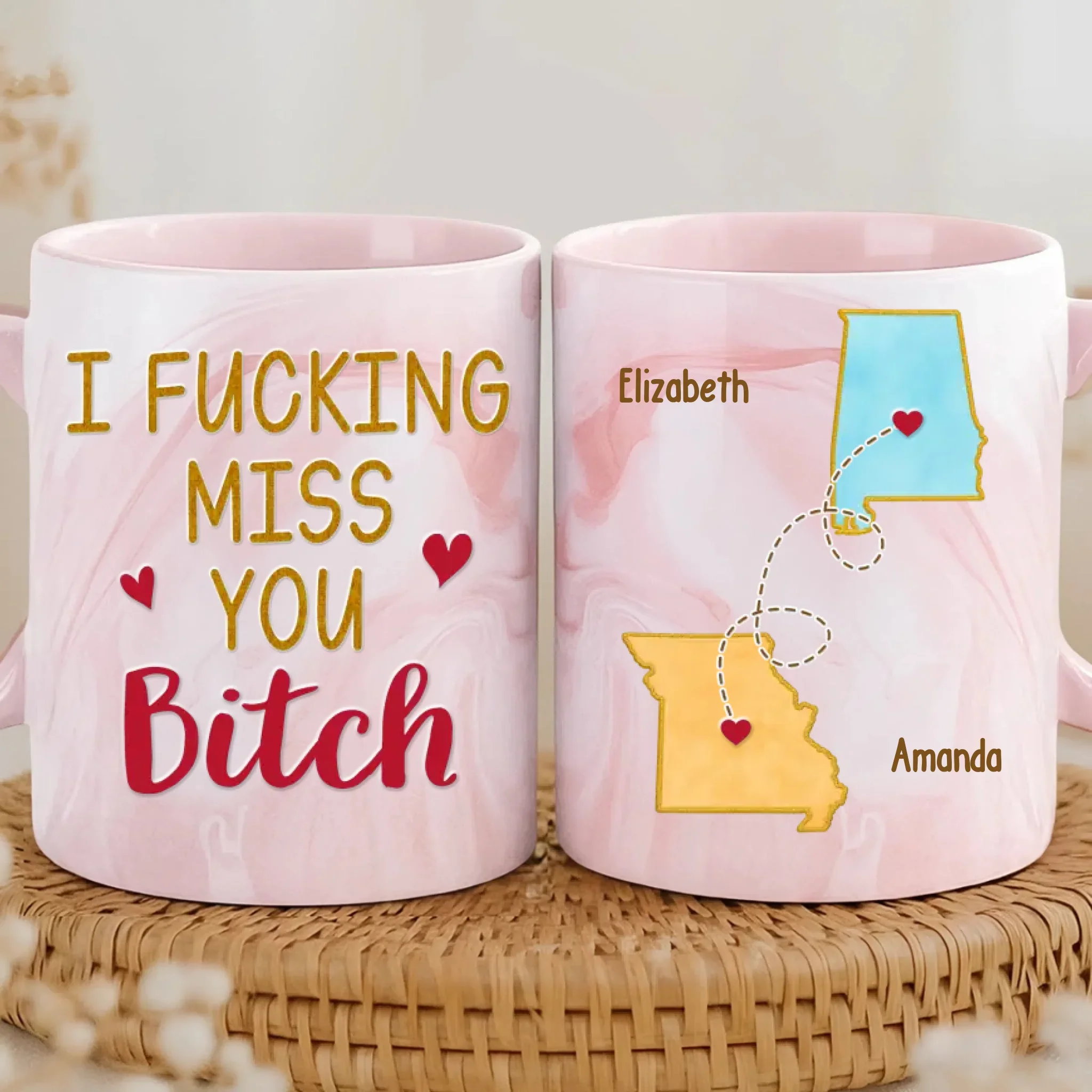 Custom 11oz Pink Marble Mug - Personalized Best Friend Birthday Gifts For Women, Besties, Sisters, BFF - Pretty Minds Pink Hearts - Robaser