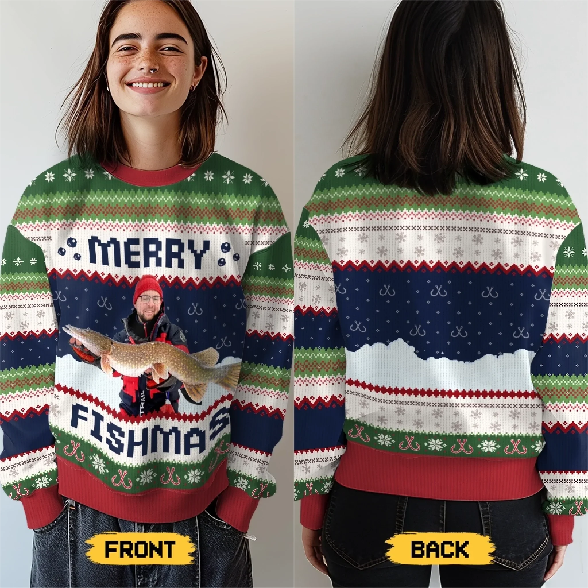 Custom Photo Unisex Ugly Sweatshirt - Personalized Christmas Birthday Fishing Gifts For Fisherman - Merry Fishman - Robaser