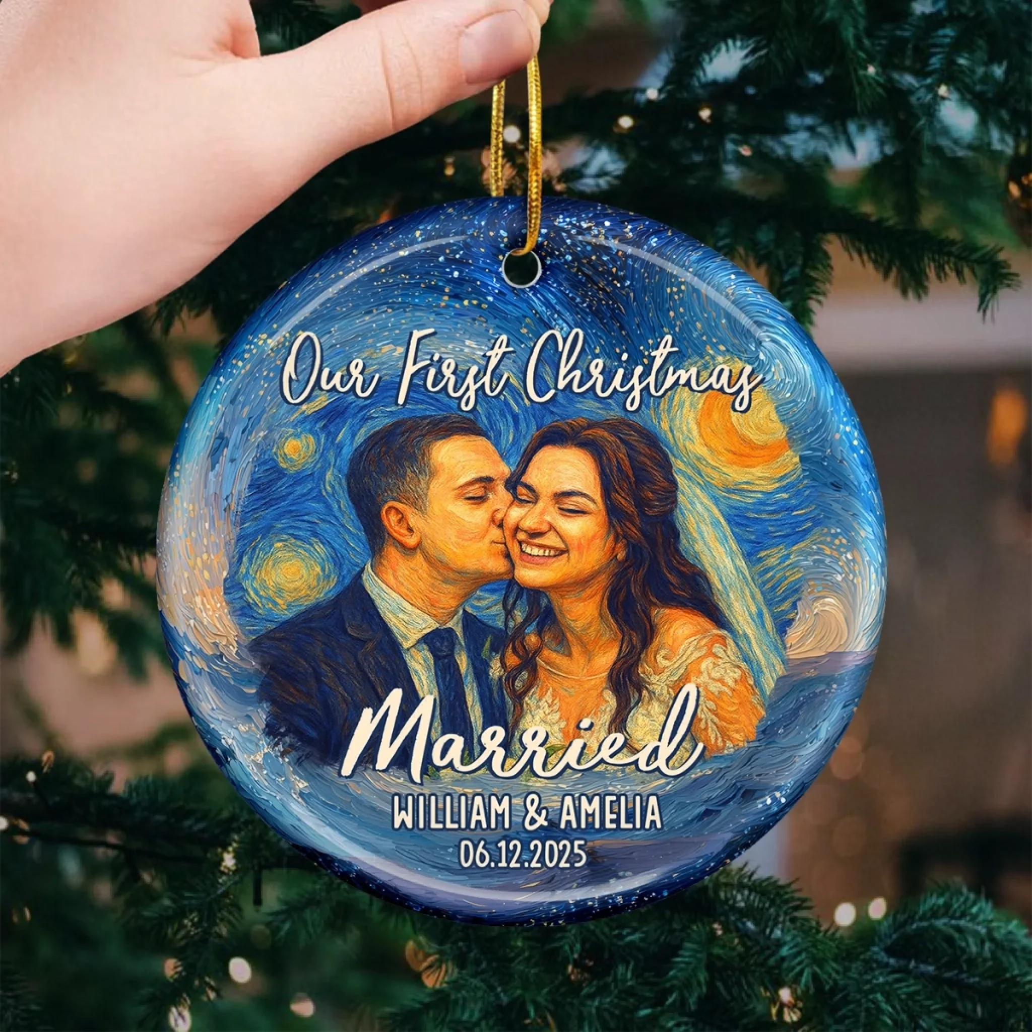 Custom Photo Ceramic Ornament - Personalized Anniversary Christmas Wedding Gifts For Husband And Wife, Him And Her - Jingle Bells And Wedding Bells - Robaser