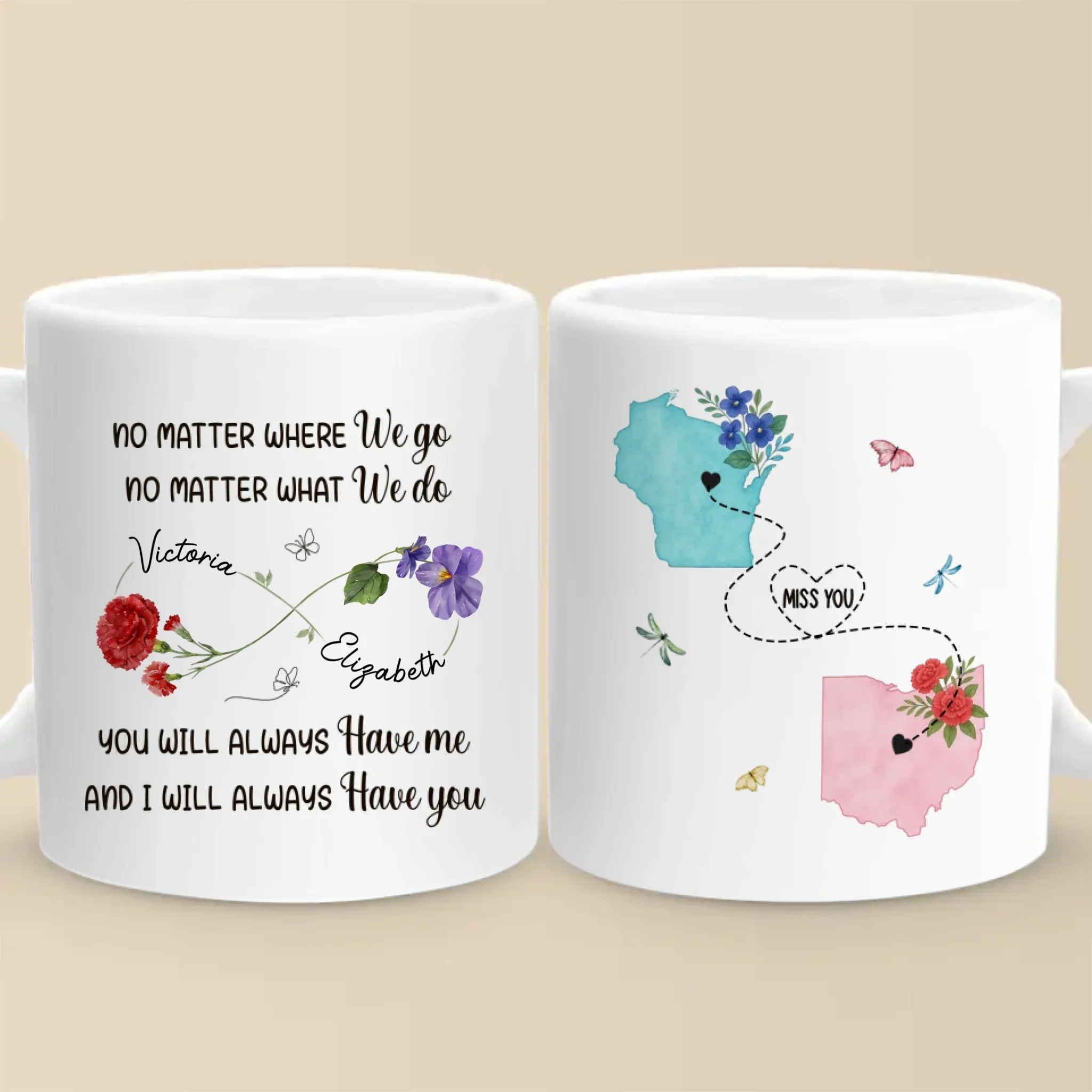 Custom Long Distance Mug - Personalized Best Friend Birthday Gifts For Women, Besties, Sisters, BFF - Hearts Stay Linked - Robaser