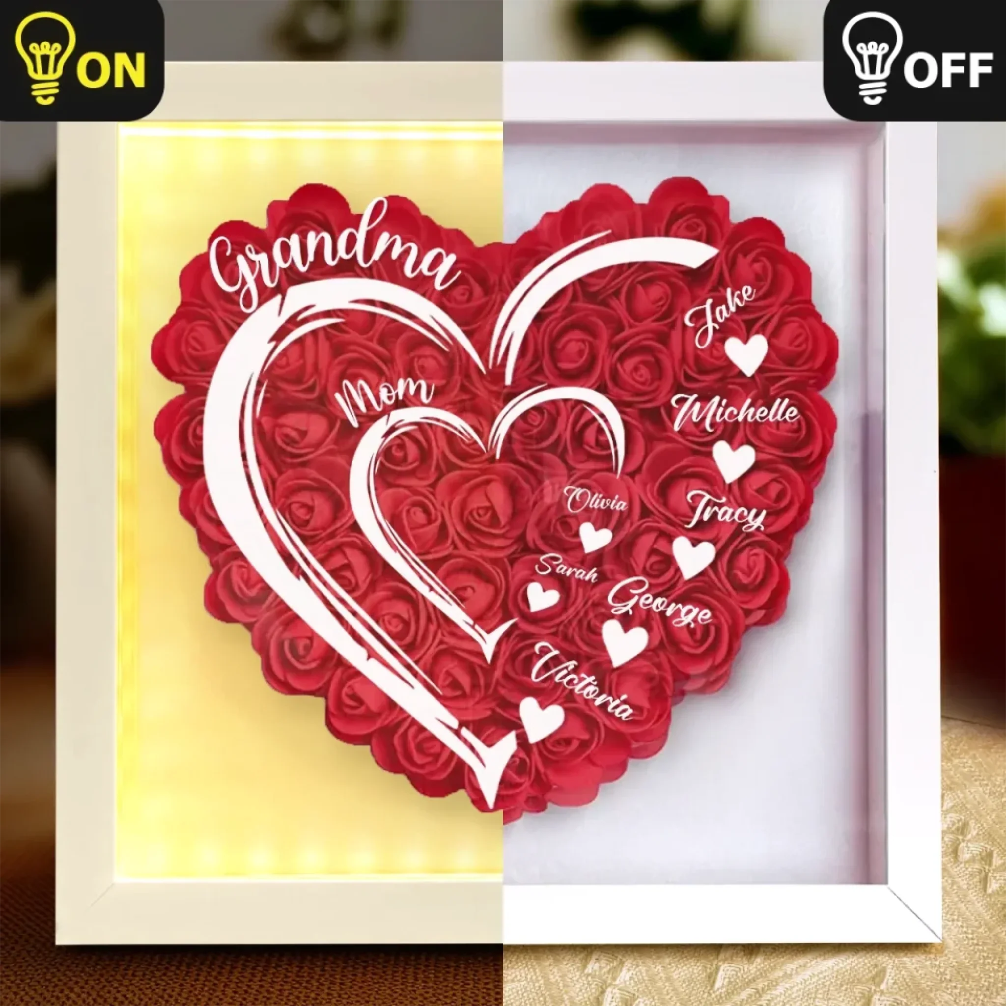 Love In Full Bloom - Family Personalized Custom Flower Shadow Box with LED - Mother's Day, Gift For Mom, Grandma - Robaser
