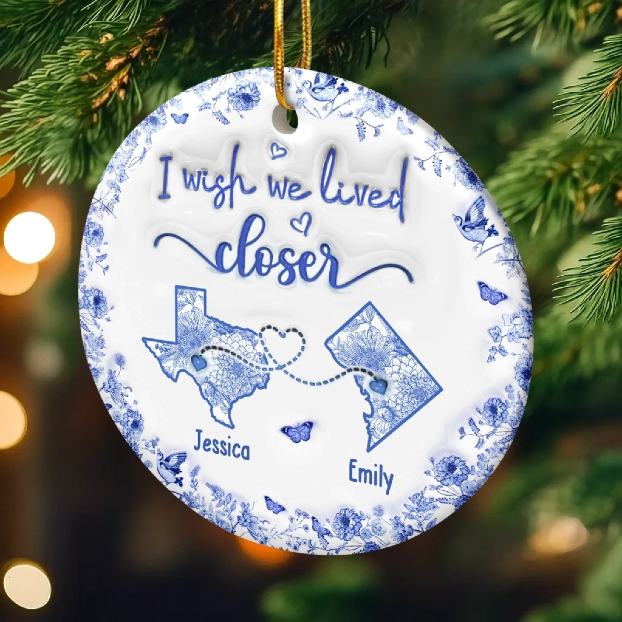 Custom Long Distance Ceramic Ornament - Personalized Best Friend Christmas Birthday Gifts For Women, Besties, Sisters, BFF - Connected By Heart No Matter The Miles - Robaser