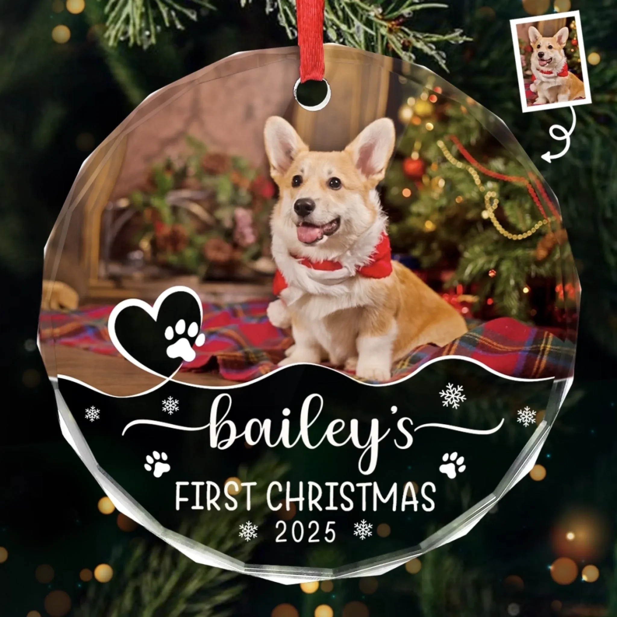 Custom Photo First Christmas Pet Glass Ornament - Personalized Christmas Birthday Gifts For Dog Lovers, Cat Lovers, Pet Dad And Mom, New Pet Ornament - Santa  s New Pup Helper - Robaser