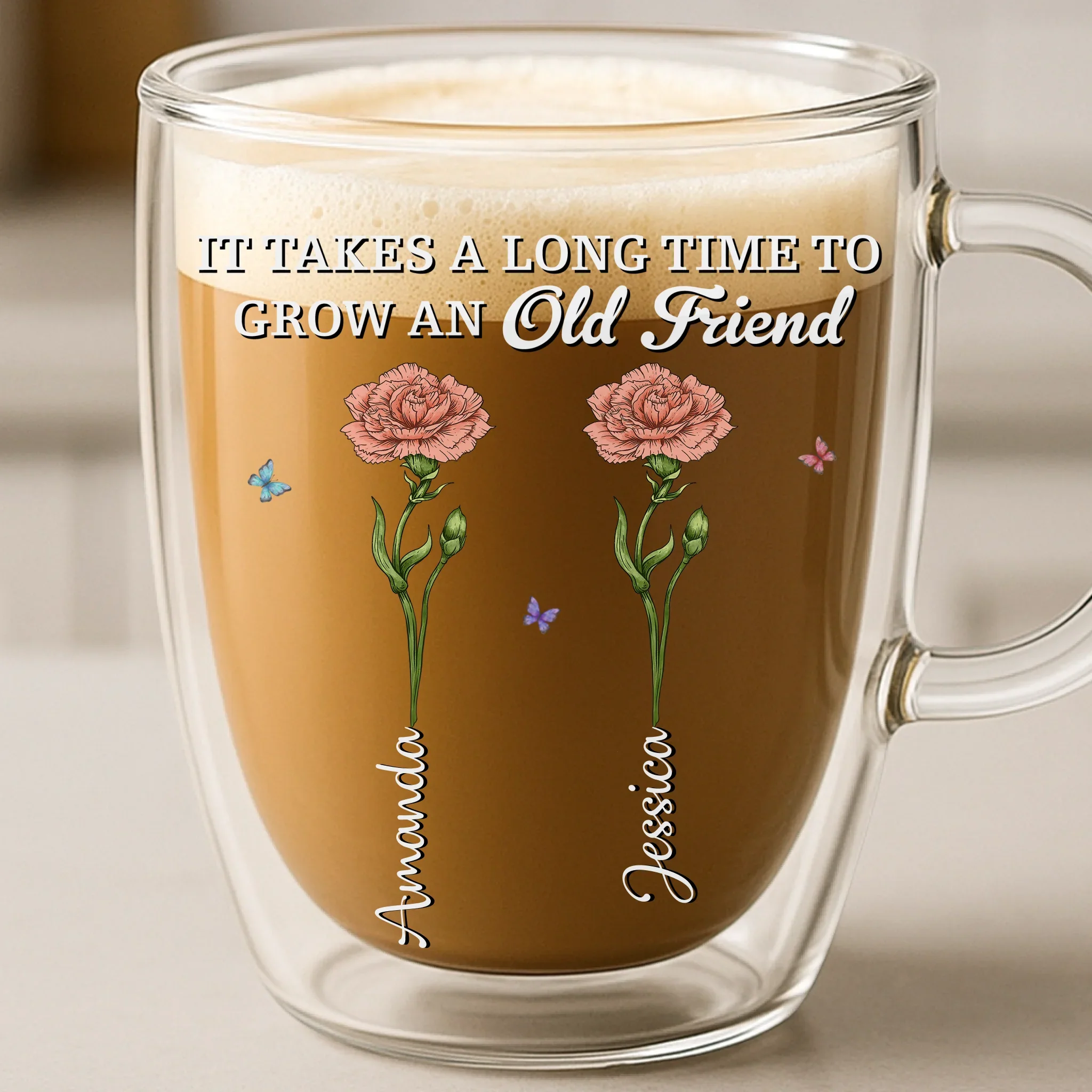 Custom Double Wall Glass Mug - Personalized Best Friend Birthday Gifts For Women - It Takes A Long Time To Grow An Old Friend - Robaser