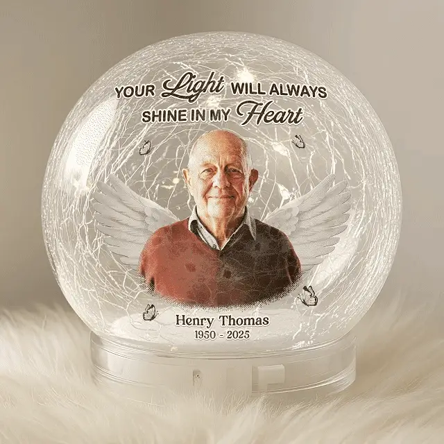 Custom Photo Crackle Glass LED Ball - Personalized Christmas Memorial Sympathy Gifts For Loss Of Mom, Dad - Your Love Stays Here - Robaser
