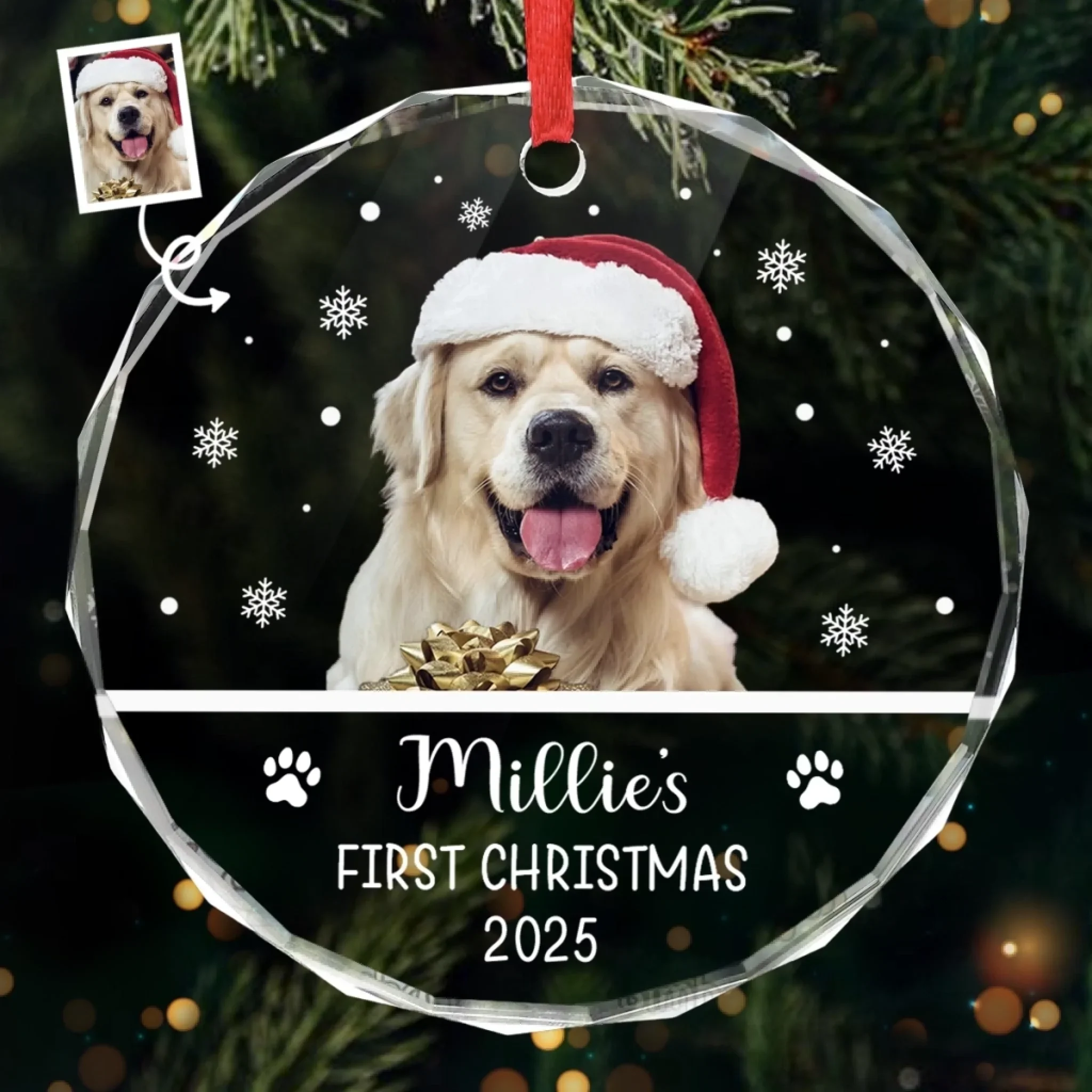 Custom Photo First Christmas Pet Glass Ornament - Personalized Christmas Birthday Gifts For Dog Lovers, Cat Lovers, Pet Dad And Mom, New Pet Ornament - New Paws New Joy - Robaser