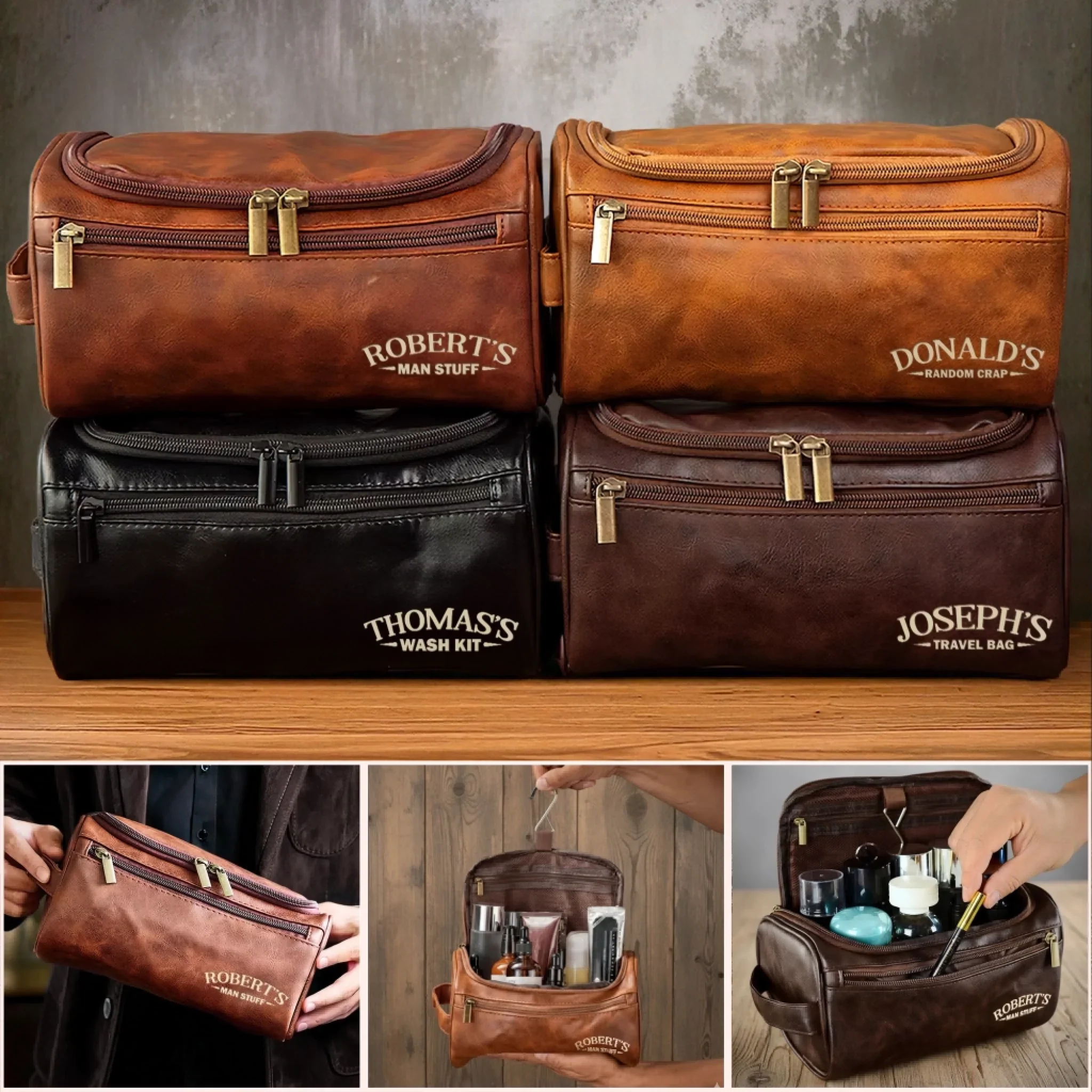 Custom Engraved Leather Toiletry Bag - Personalized  Christmas Birthday Gifts For Dad, Brother, Son, Husband, Groomsman, Best Friends - The Ultimate Man Kit - Robaser