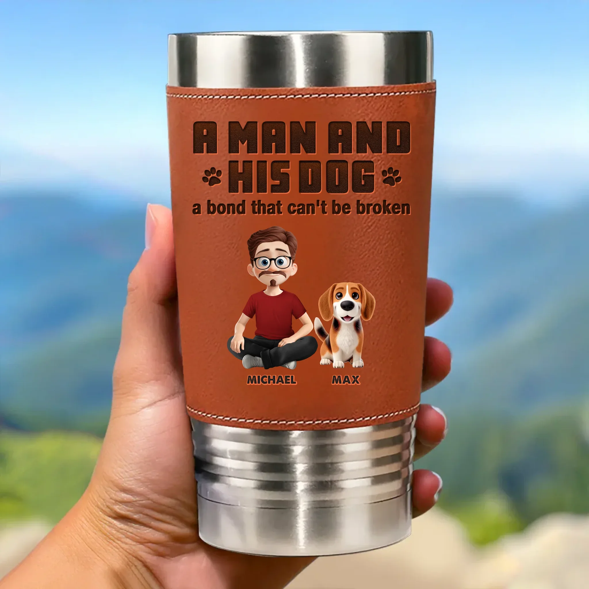 A Man And His Dogs, A Bond That Can't Be Broken - Dog Personalized Custom Printed Leather Tumbler - Father's Day, Gift For Pet Owners, Pet Lovers - Robaser