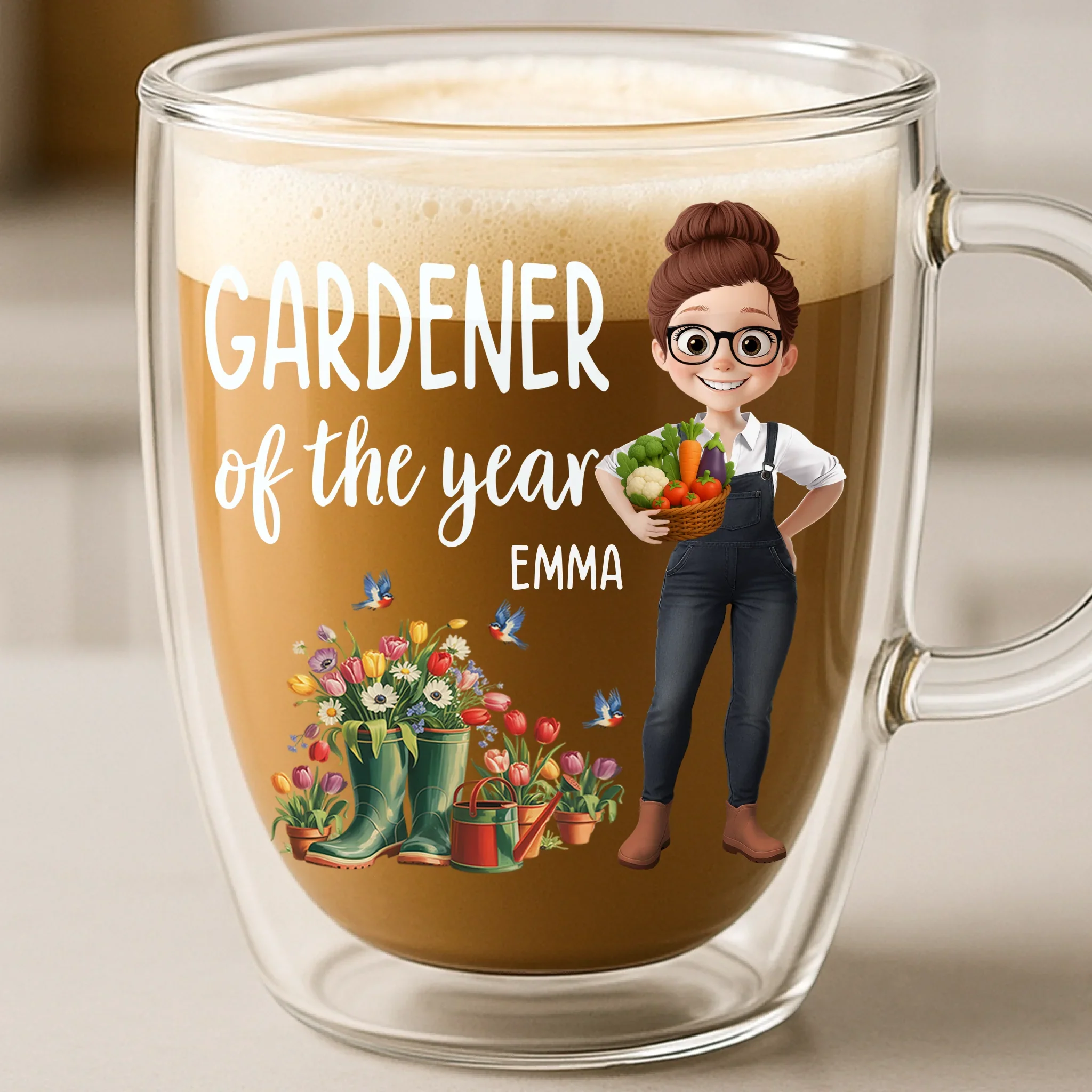 Custom Double Wall Glass Mug - Personalized Garden Gifts For Gardeners - Full Of Plant Power - Robaser