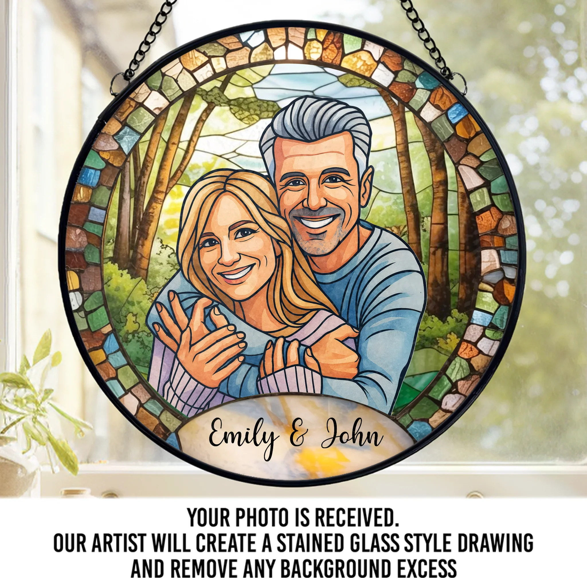 Custom Photo Stained Glass Window Hanging Suncatcher - Personalized Anniversary Wedding Gifts For Husband And Wife, Him And Her - Together, Painted In Forever - Robaser