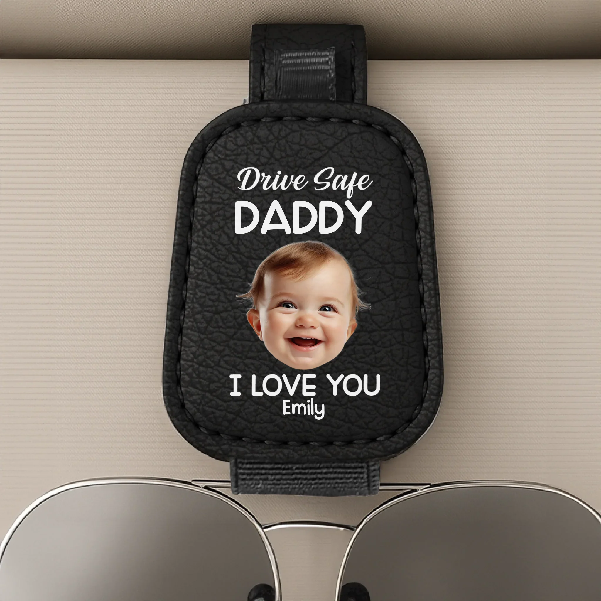 Custom Photo Drive Safe Daddy, Love Always - Family Personalized Custom Sunglasses Holder For Car Visor - Father's Day, Gift For Dad, Grandpa - Robaser