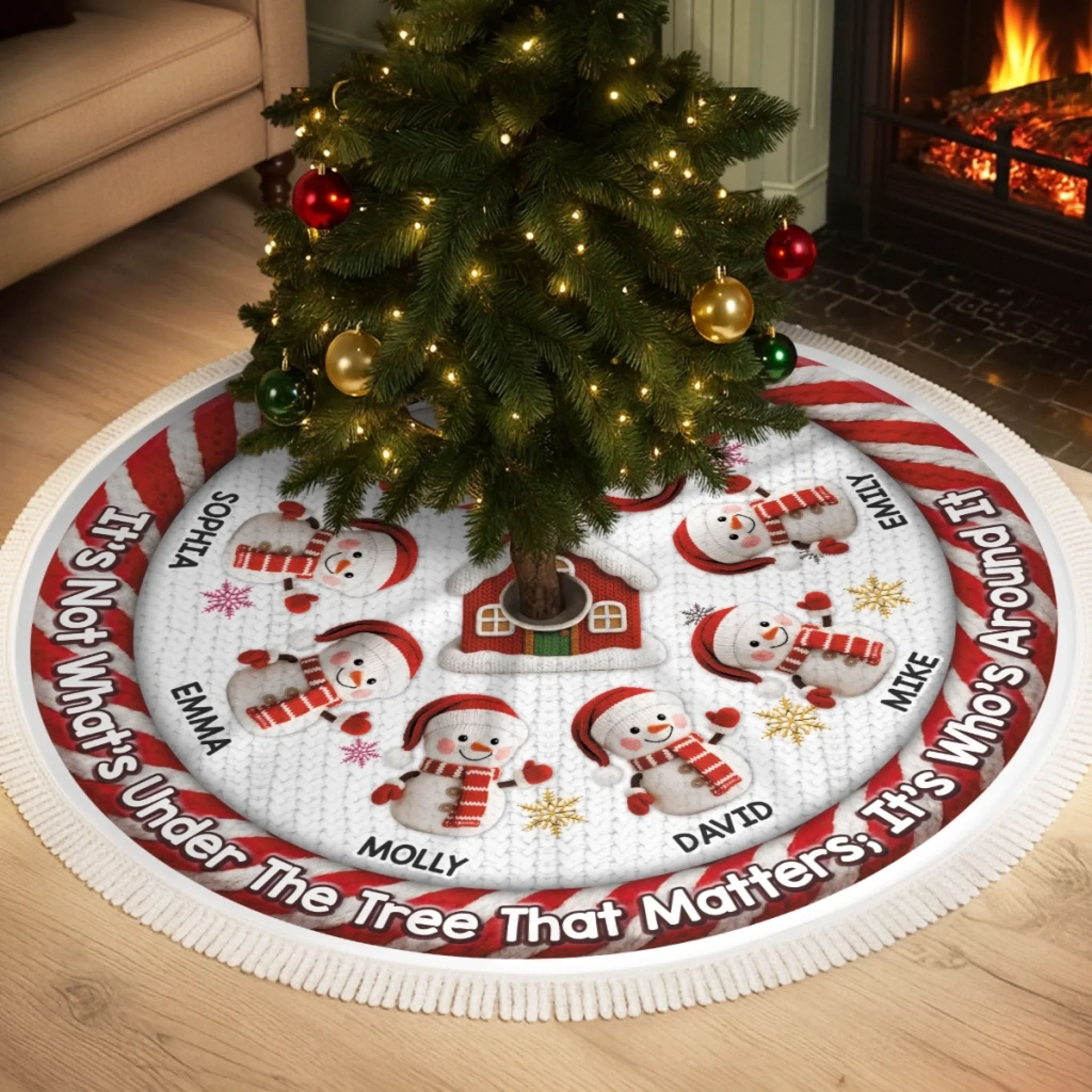 Custom Crochet Snowman Tree Skirt - Personalized Christmas Birthday Gifts For Mom, Dad, Brother, Sister, Kids - Our Christmas Our Story - Robaser