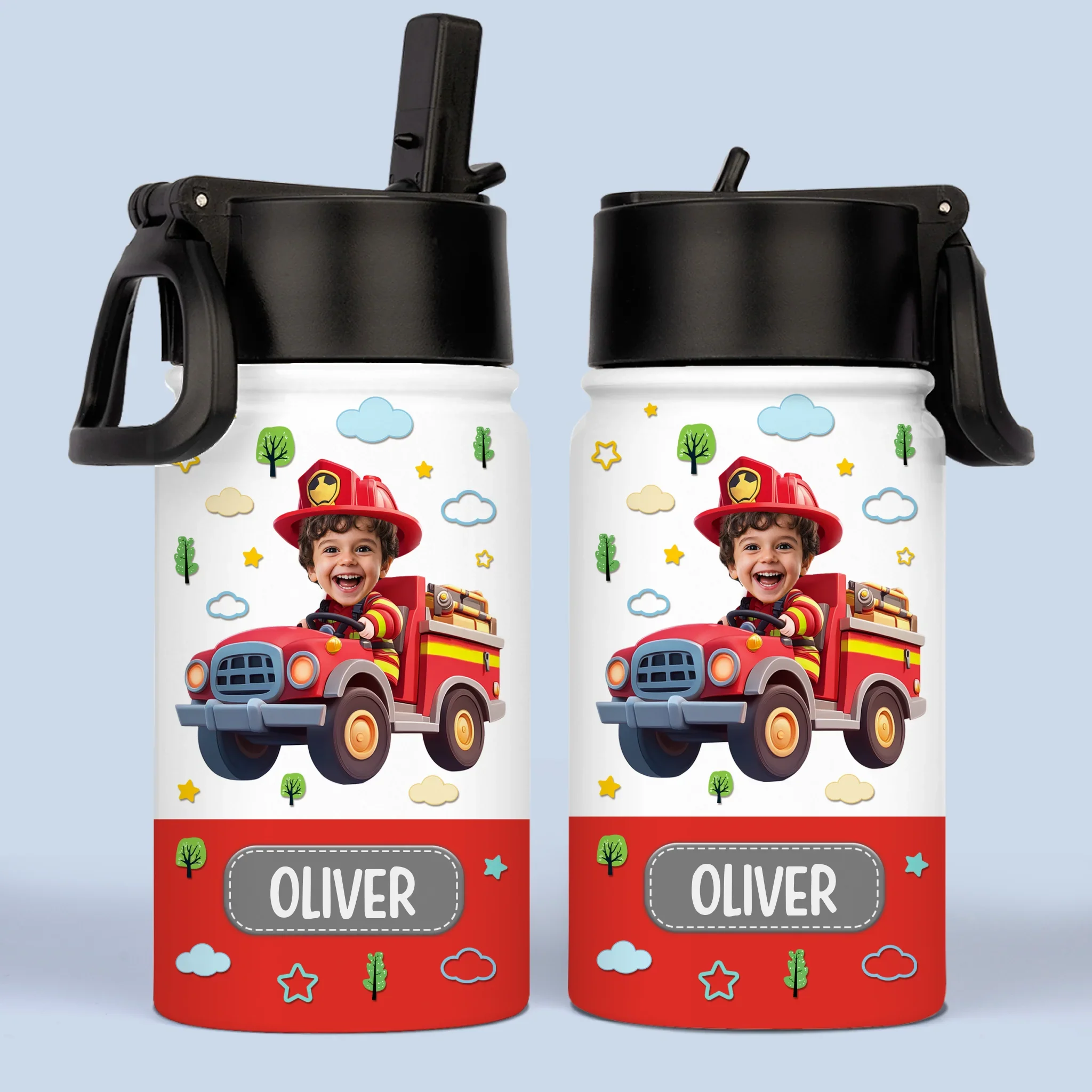 Custom Photo Kids Water Bottle - Personalized Back To School Gifts For Kids - Fire Truck Fun Ahead - Robaser