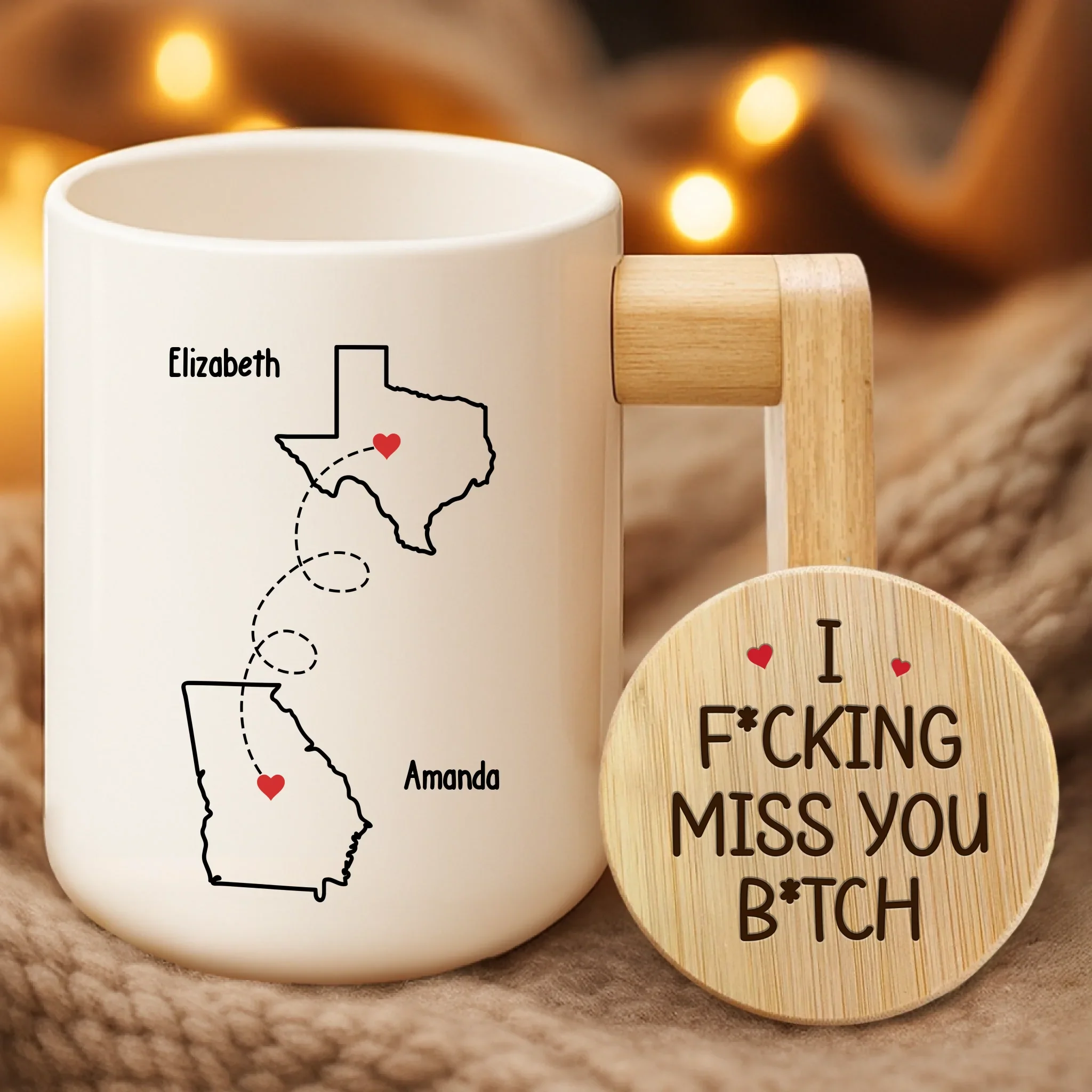 Custom Ceramic Mug With Wooden Lid & Handle - Personalized Best Friend Birthday Gifts For Women - Never Too Far To Have Coffee Together - Robaser