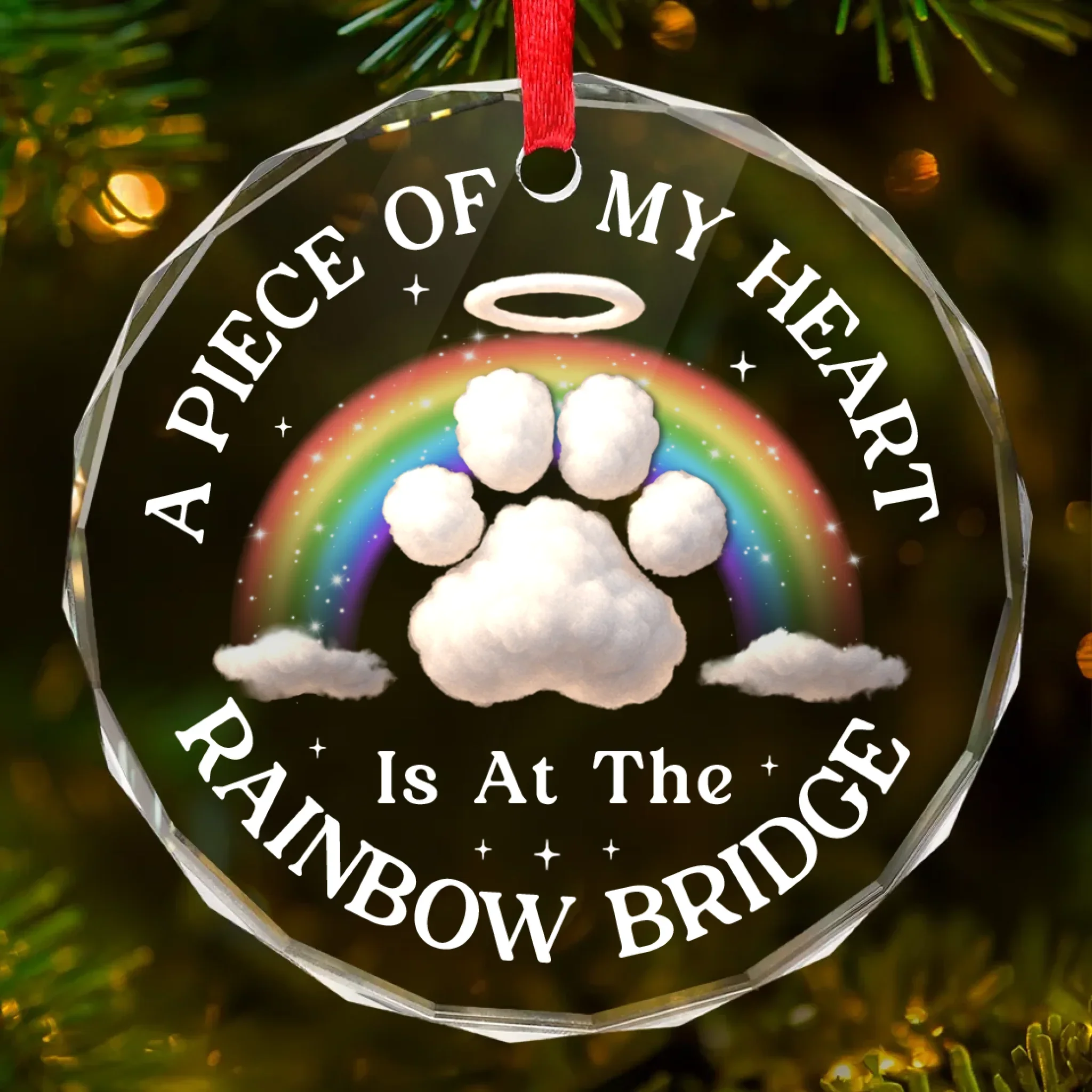 Circle Glass Ornament - Christmas Memorial Sympathy Gifts For Dogs, Cats - Paws Over The Rainbow - Robaser