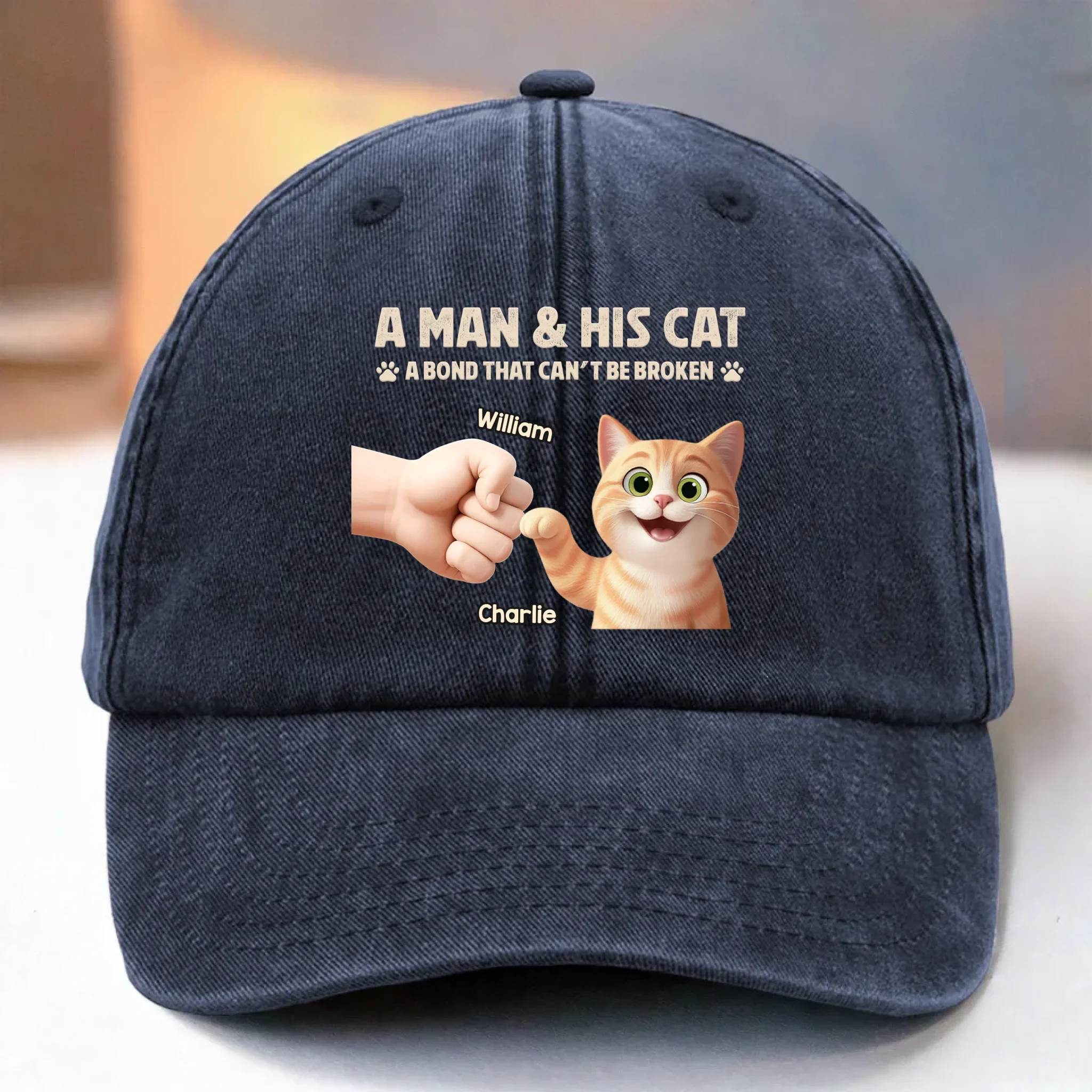 Custom Vintage Washed Denim Baseball Cap - Personalized Birthday Gifts For Cat Lovers, Cat Mom And Dad - Man And Cat Bound By Love - Robaser