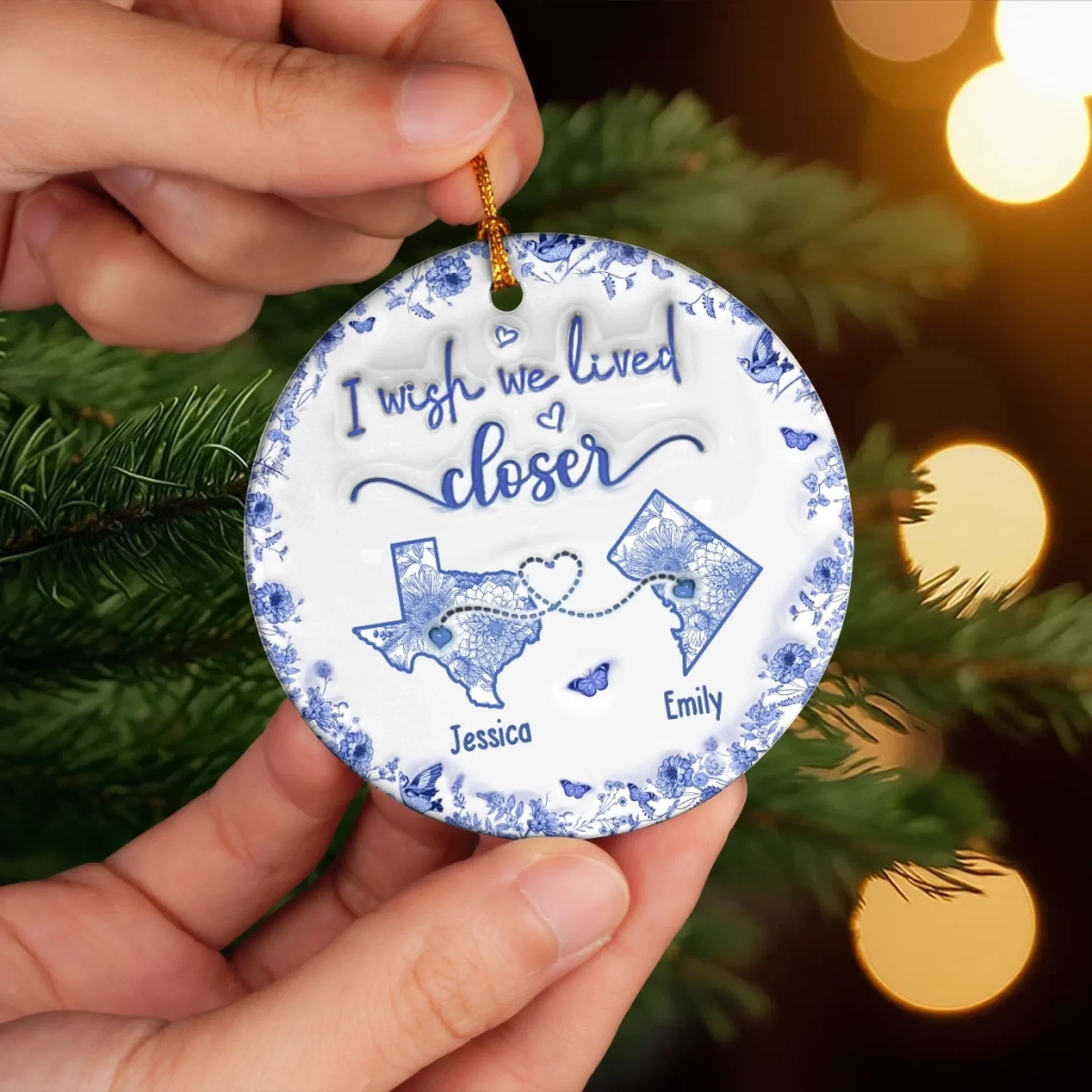 Custom Long Distance Ceramic Ornament - Personalized Best Friend Christmas Birthday Gifts For Women, Besties, Sisters, BFF - Connected By Heart No Matter The Miles - Robaser