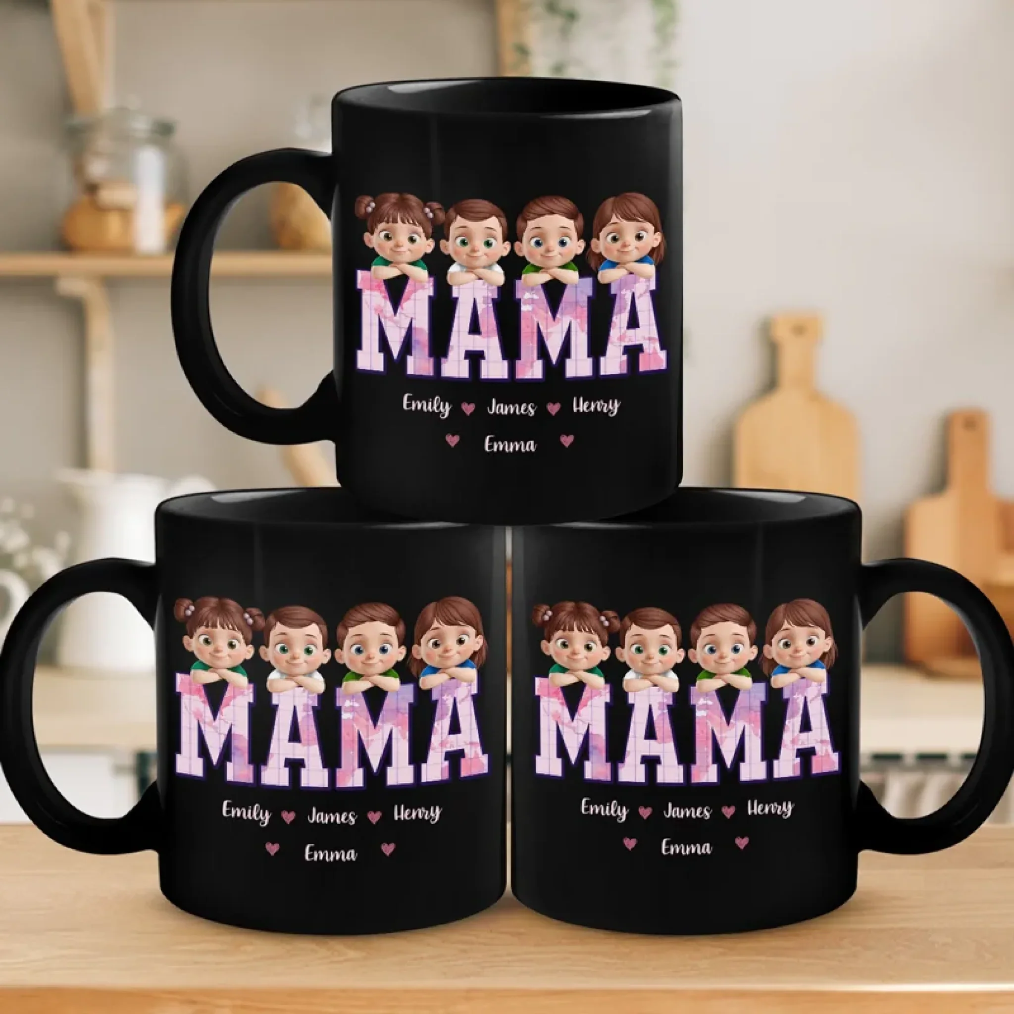 Wake Up To My World - Family Personalized Custom Black Mug - Mother's Day, Gift For Mom, Grandma - Robaser