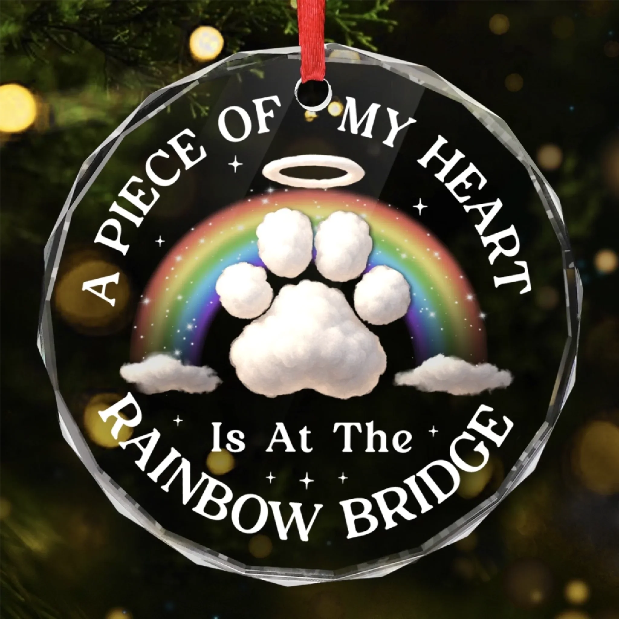 Circle Glass Ornament - Christmas Memorial Sympathy Gifts For Dogs, Cats - Paws Over The Rainbow - Robaser