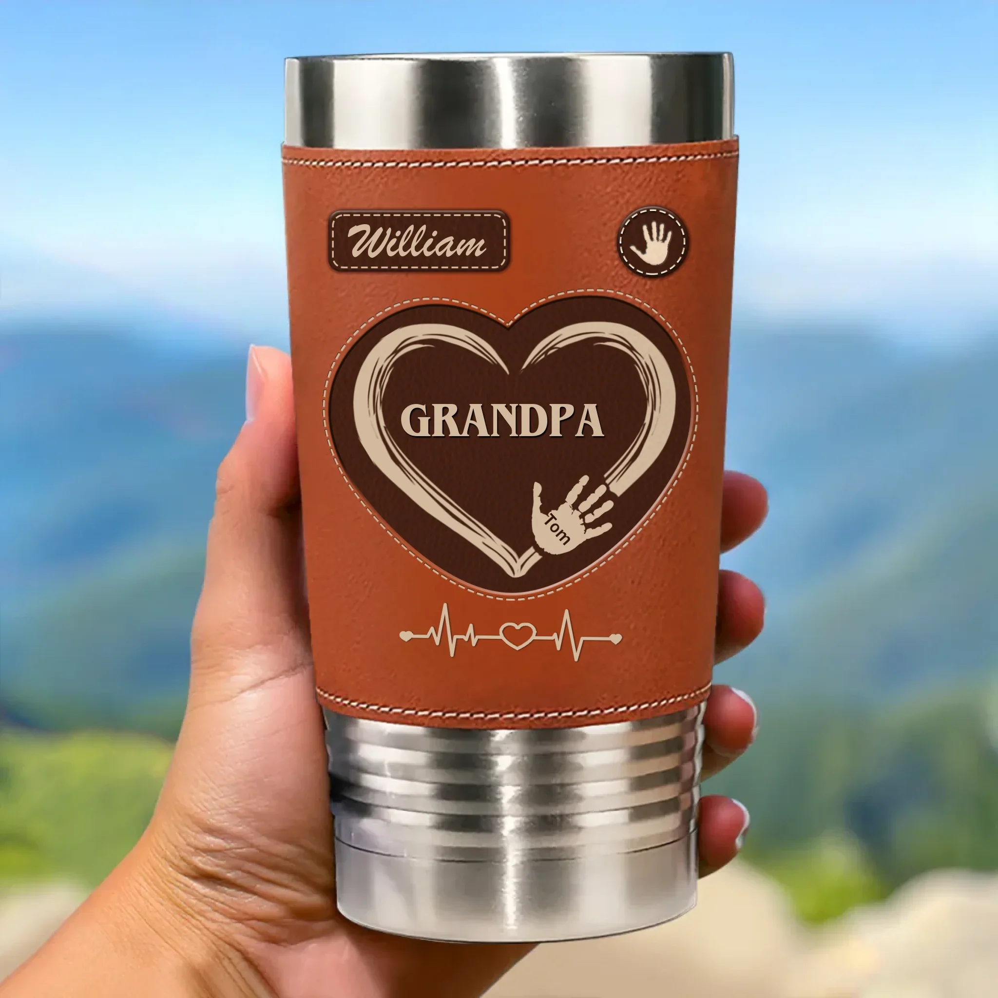 Hands Down, The Best Grandpa Ever - Family Personalized Custom Printed Leather Tumbler - Father's Day, Gift For Dad, Grandpa, Family Members - Robaser