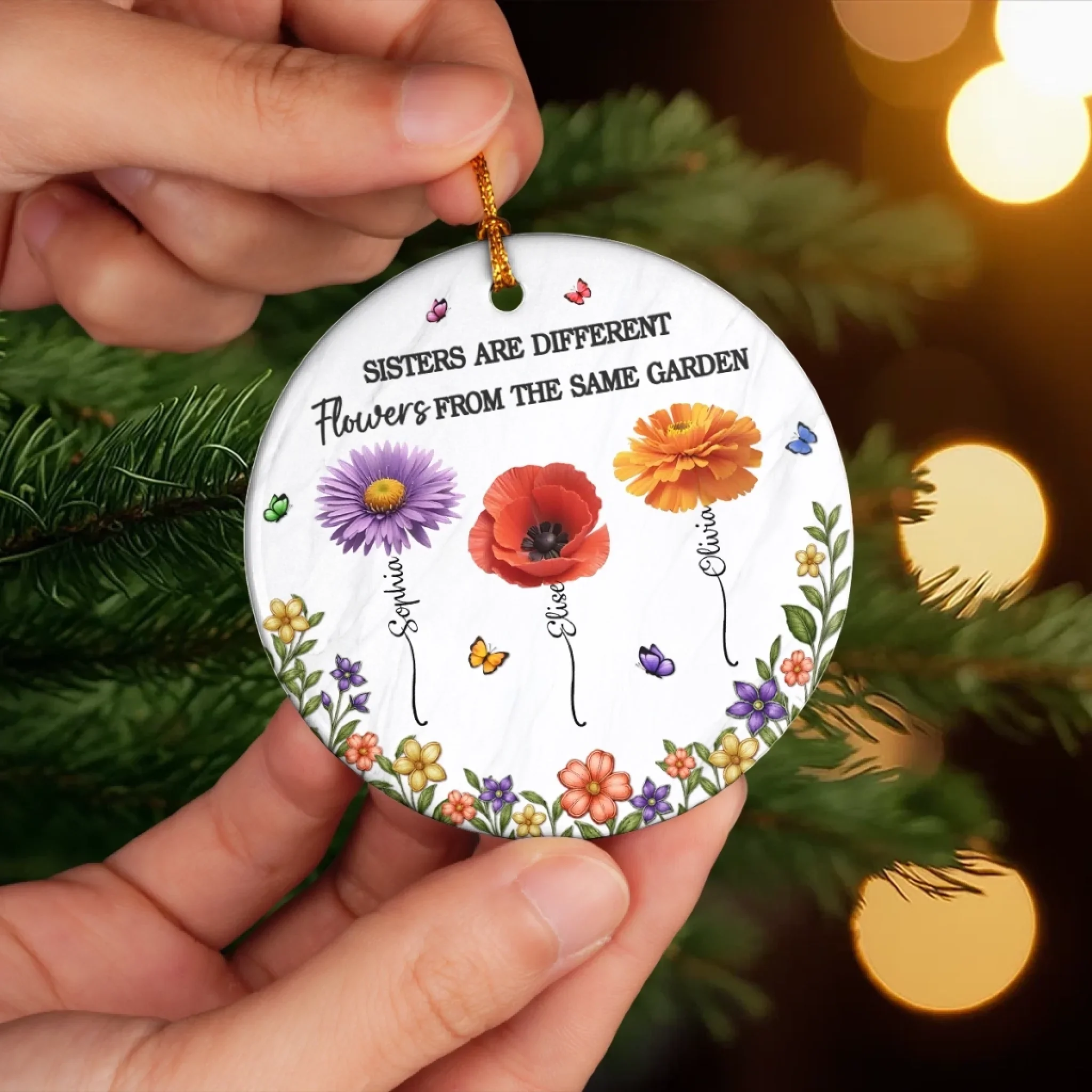 Custom Ceramic Ornament - Personalized Best Friend Christmas Birthday Gifts For Women, Besties, Sisters, BFF - Different Flowers, One Bond - Robaser