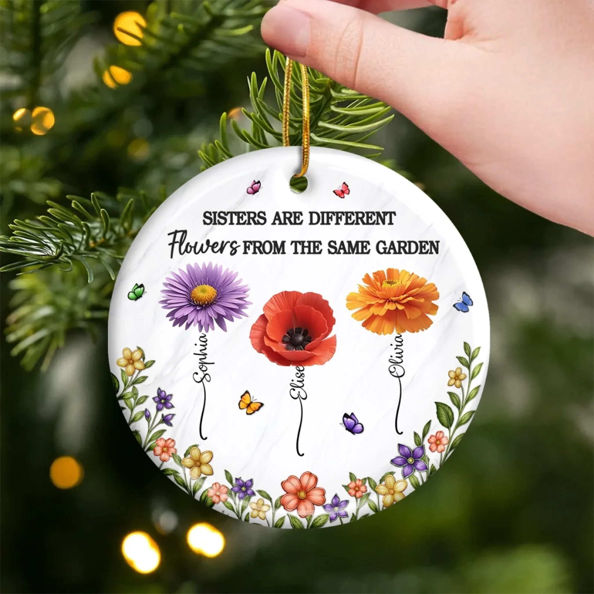 Custom Ceramic Ornament - Personalized Best Friend Christmas Birthday Gifts For Women, Besties, Sisters, BFF - Different Flowers, One Bond - Robaser
