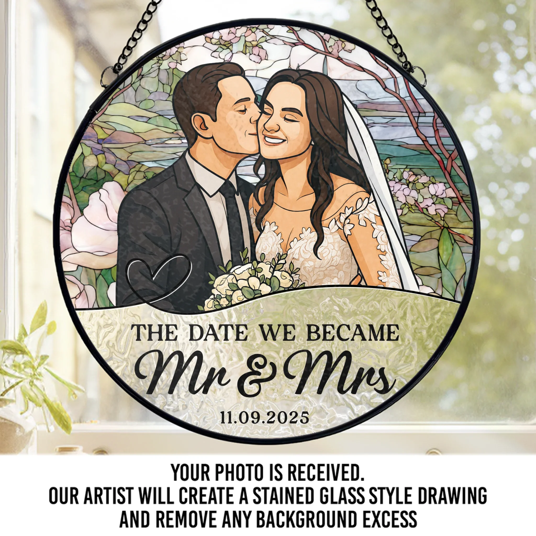 Custom Photo Stained Glass Window Hanging Suncatcher - Personalized Anniversary Wedding Gifts For Husband And Wife, Him And Her - Love Sealed In Glass Forever - Robaser
