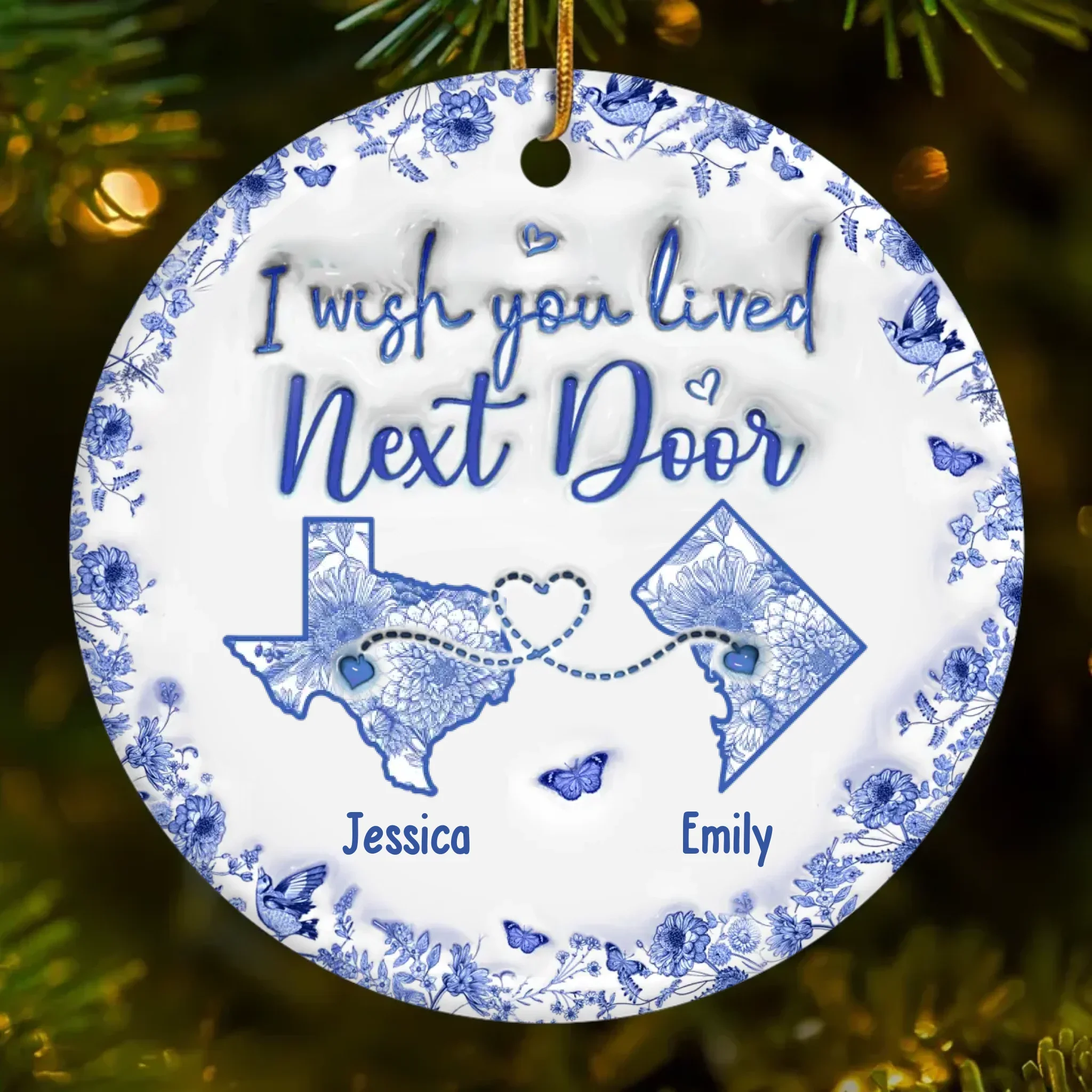 Custom Long Distance Ceramic Ornament - Personalized Best Friend Christmas Birthday Gifts For Women, Besties, Sisters, BFF - Connected By Heart No Matter The Miles - Robaser