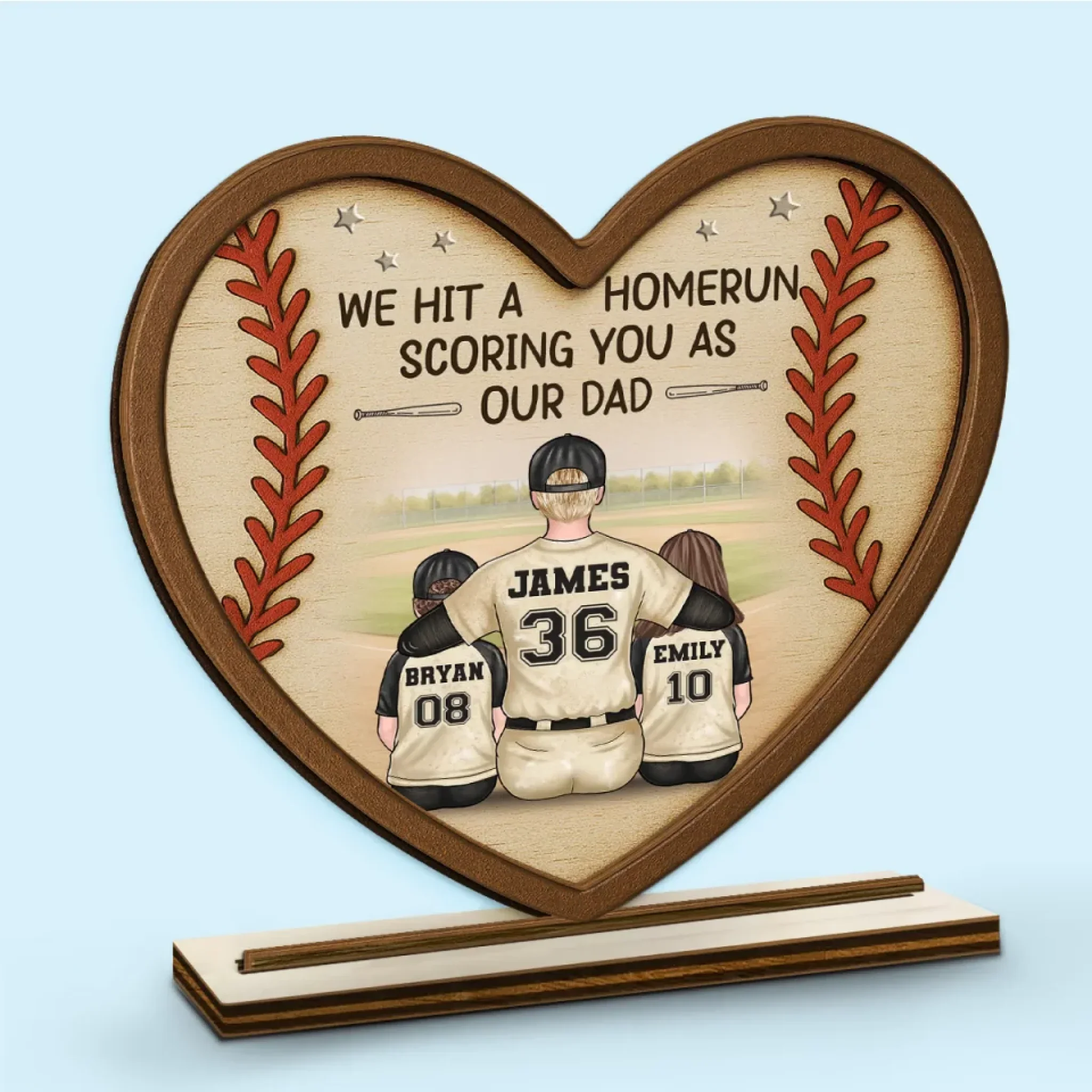 We Hit A Homerun Scoring You As Our Dad - Family Personalized Custom Shaped 2-Layered Wooden Plaque With Flat Stand - Father's Day, House Warming Gift For Dad, Sport Lovers, Sport Players - Robaser