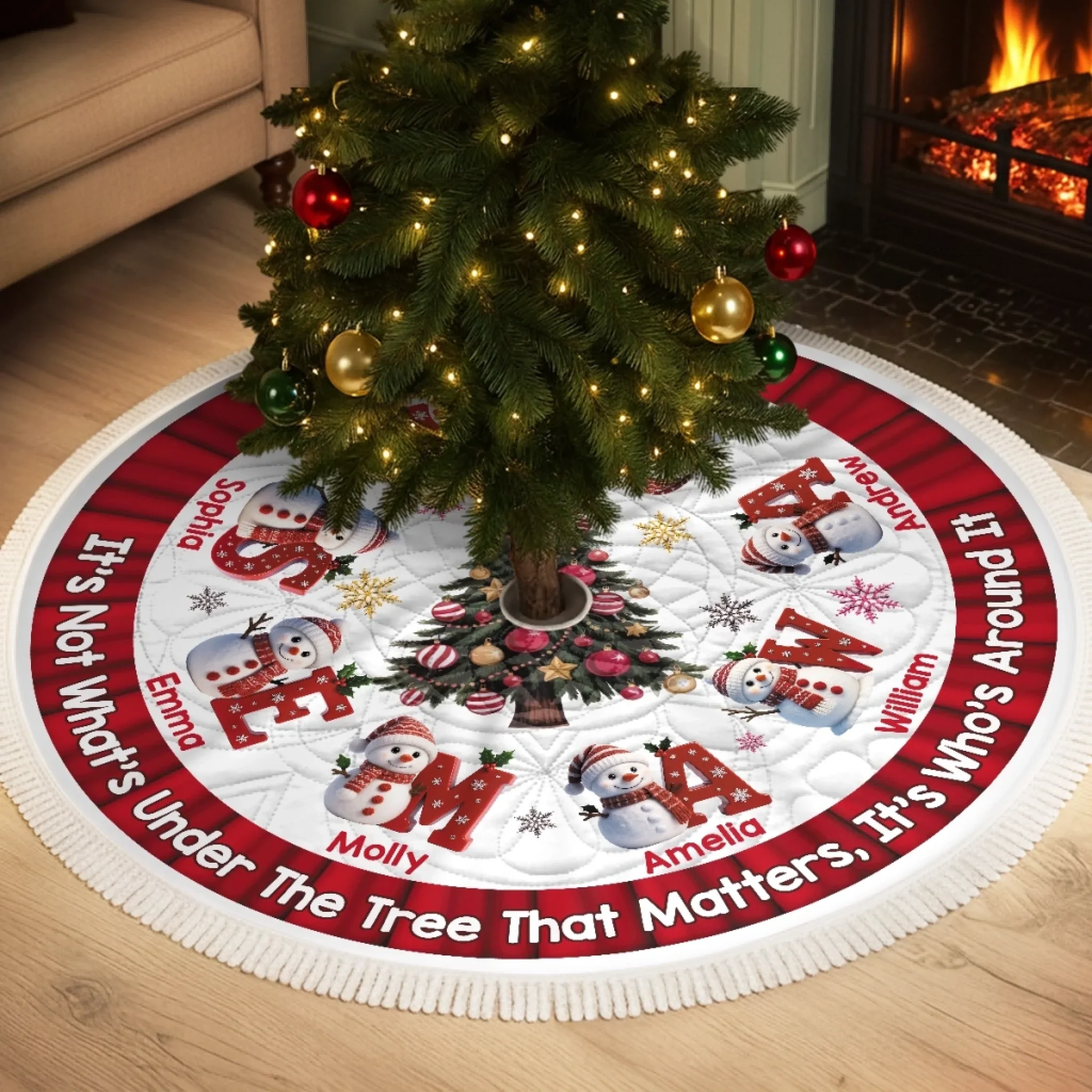 Custom Snowman Tree Skirt - Personalized Christmas Birthday Gifts For Mom, Dad, Brother, Sister, Kids - Hearts Shine Together This Christmas - Robaser