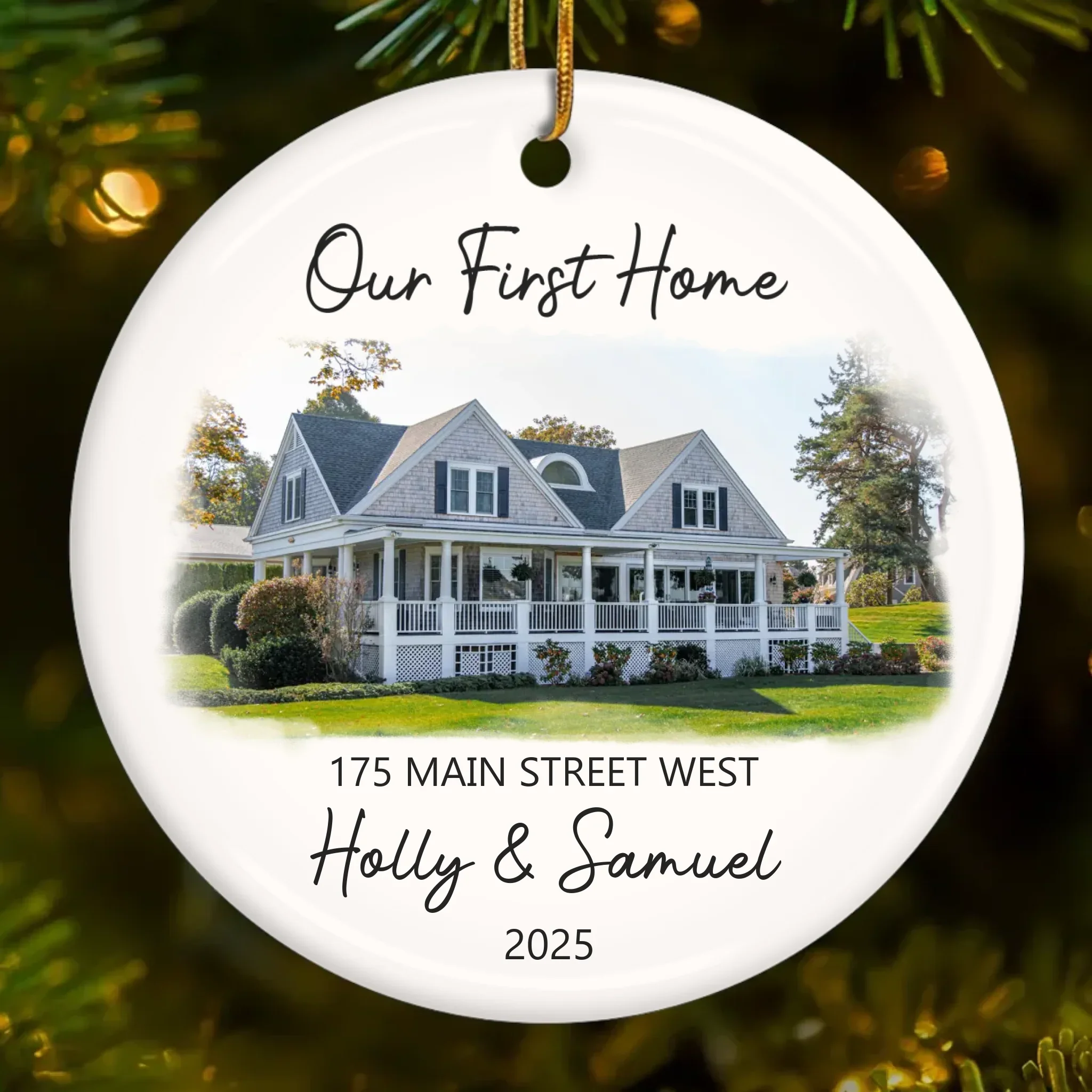 Custom Photo First Christmas In New Home Ceramic Ornament - Personalized Anniversary Christmas Wedding Gifts For Husband And Wife, Him And Her, New Homeowners, Couples, Friends - Love Lives In Our New Home - Robaser