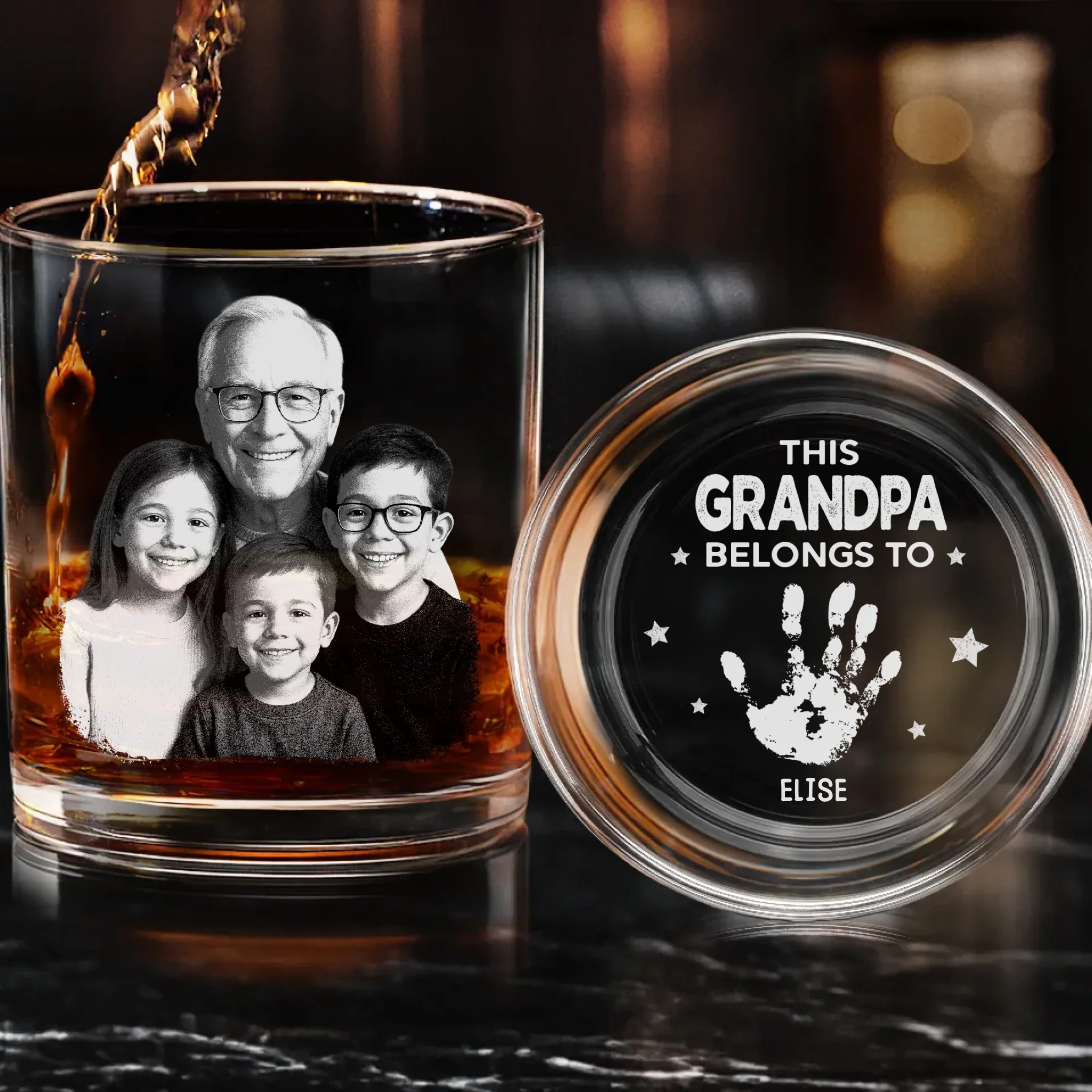 Custom Photo Built With Love, Powered By Grandkids - Family Personalized Custom Whiskey Glass With Bottom And Side Engraving - Father's Day, Gift For Dad, Grandpa - Robaser