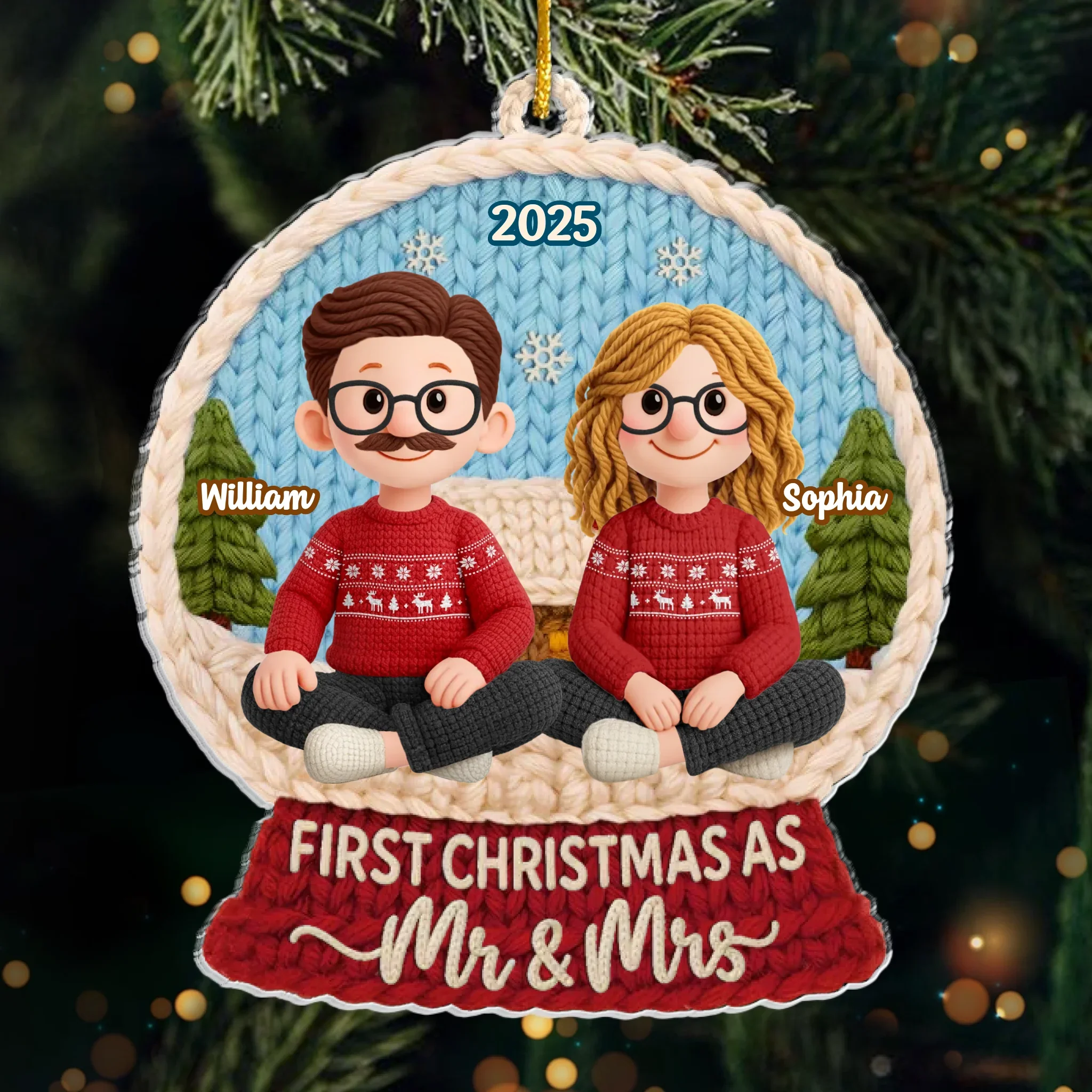 Custom Crochet Acrylic Ornament - Personalized Anniversary Christmas Wedding Gifts For Husband And Wife, Him And Her - Crochet Couple, Christmas Cuddle - Robaser