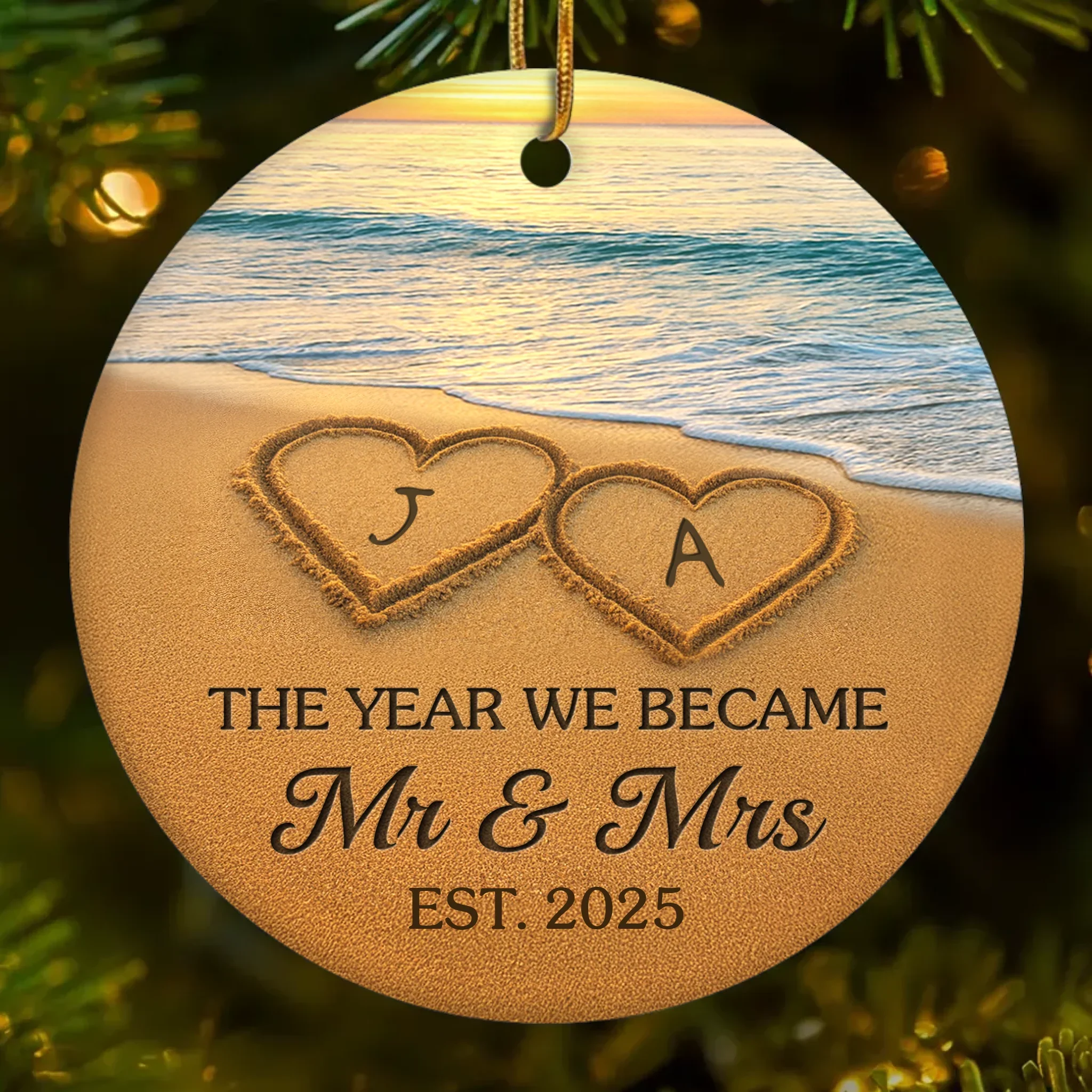 Custom Ceramic Ornament - Personalized Anniversary Christmas Wedding Gifts For Husband And Wife, Him And Her - Our Happily Ever After, Set In Sand - Robaser