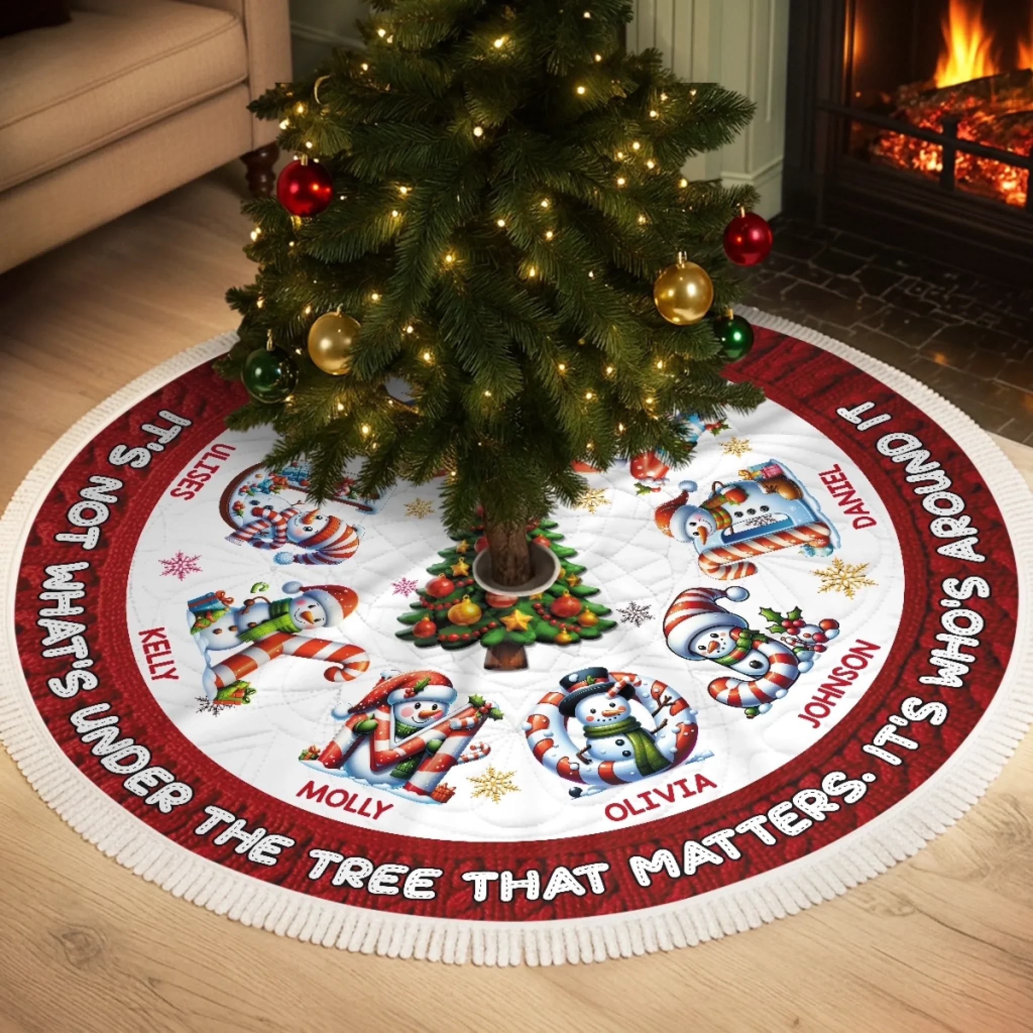 Custom Snowman Tree Skirt - Personalized Christmas Birthday Gifts For Mom, Dad, Brother, Sister, Kids - Hugs Beneath The Tree - Robaser
