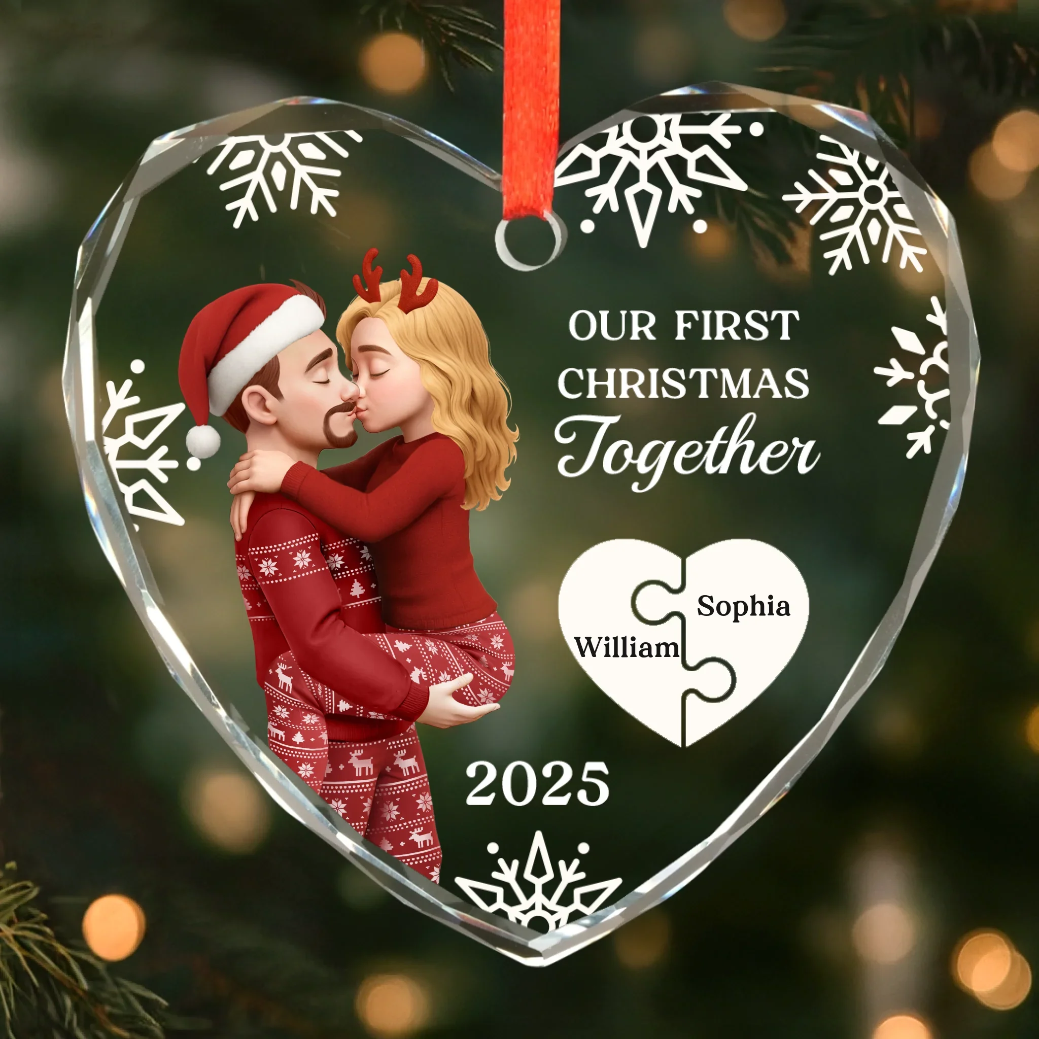 Custom Heart Glass Ornament - Personalized Anniversary Christmas Wedding Gifts For Husband And Wife, Him And Her - Our First Noel As Lovers - Robaser