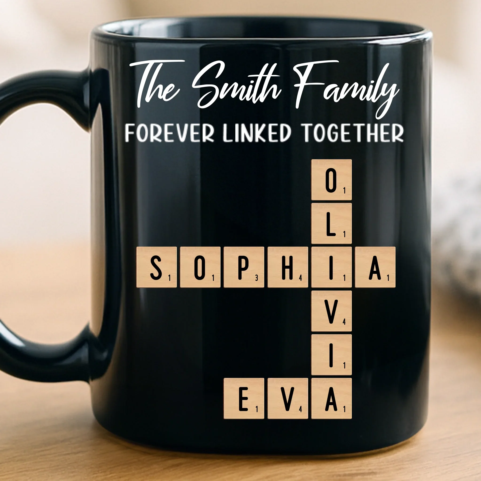 Custom Scrabble Black Mug - Personalized Christmas Birthday Gifts For Mom, Dad, Brother, Sister, Kids - Bonded By Every Tile - Robaser