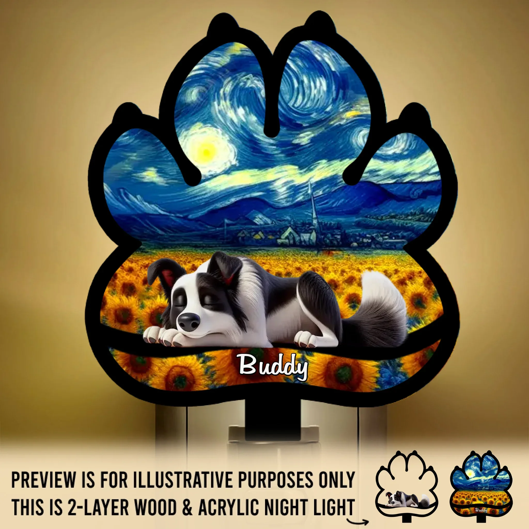 Custom Starry Night Wood And Acrylic Night Light - Personalized Pet Memorial Sympathy Gifts For Dogs - Forever Loved Never Forgotten - Robaser